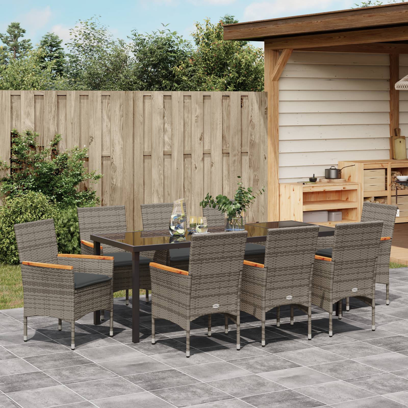 vidaXL 9-teilige Garten Essgruppe mit Kissen Grau Poly Rattan