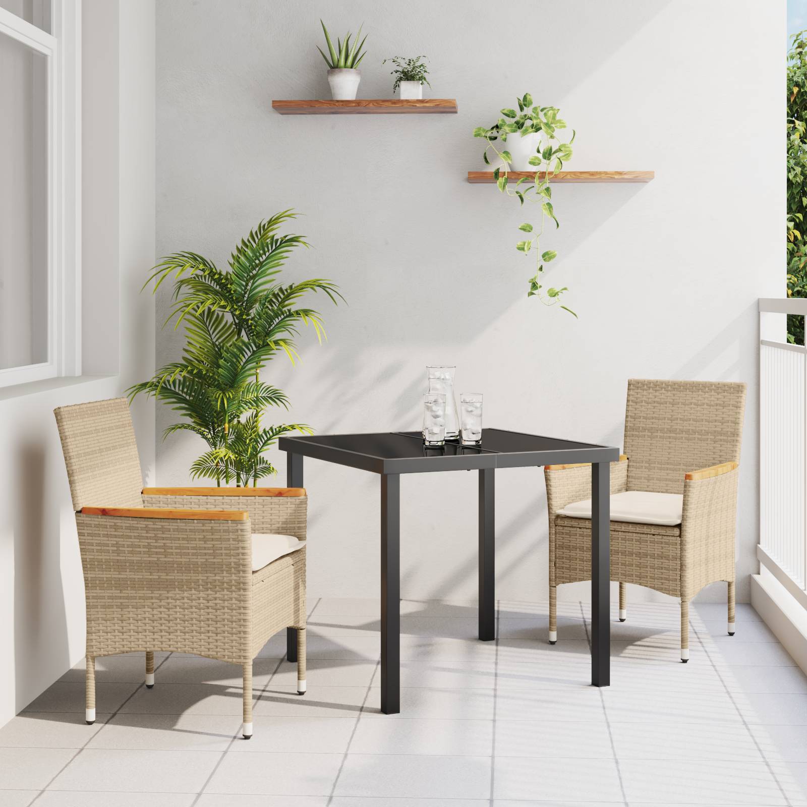 vidaXL 3-teilige Garten-Essgruppe mit Kissen Beige Poly Rattan