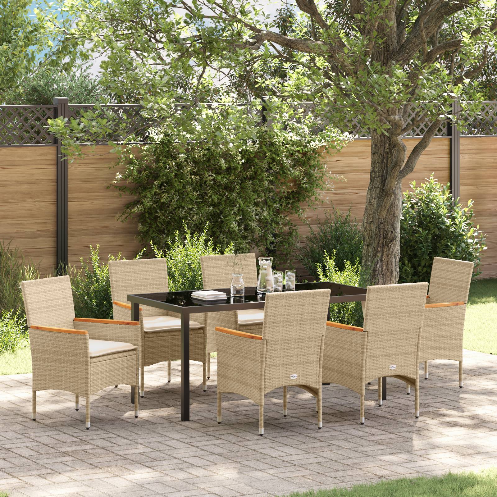 vidaXL 7-teiliges Garten Essset mit Kissen Beige Poly-Rattan