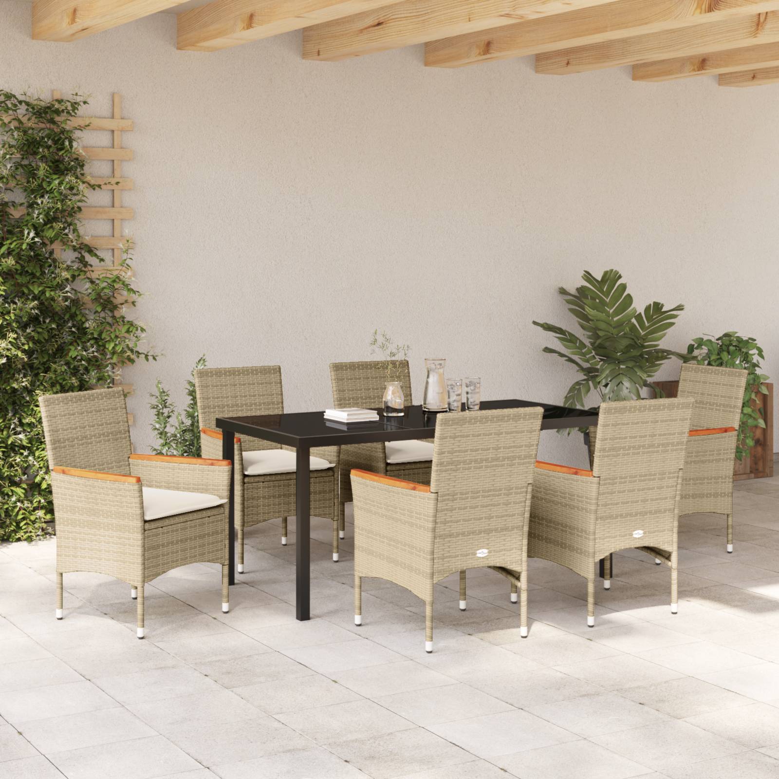 vidaXL 7-teiliges Garten Essset mit Kissen Beige Poly-Rattan