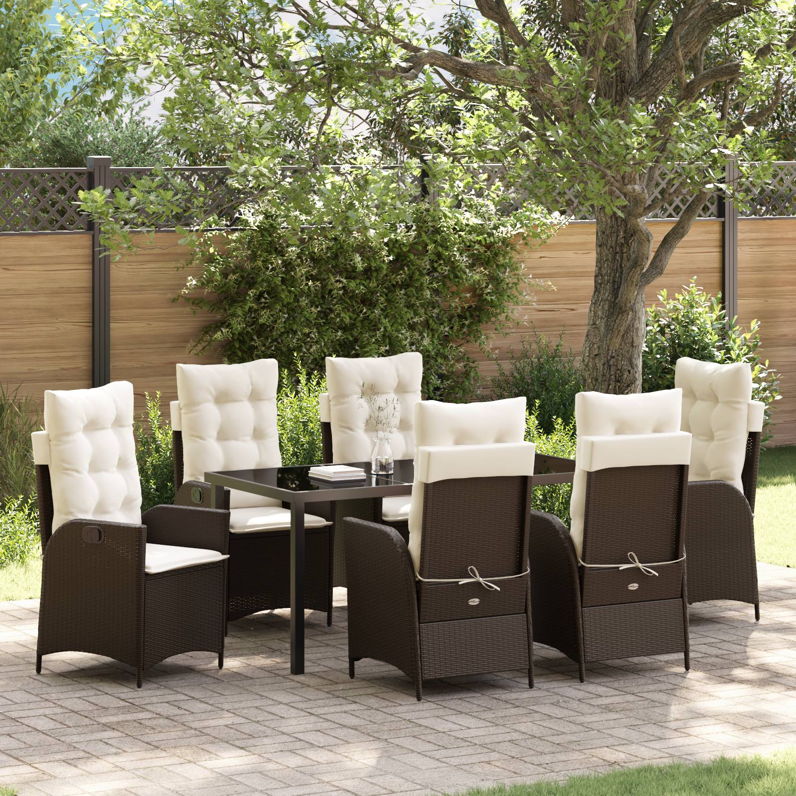 vidaXL 7-tlg. Garten-Essgruppe mit Kissen Braun Poly Rattan