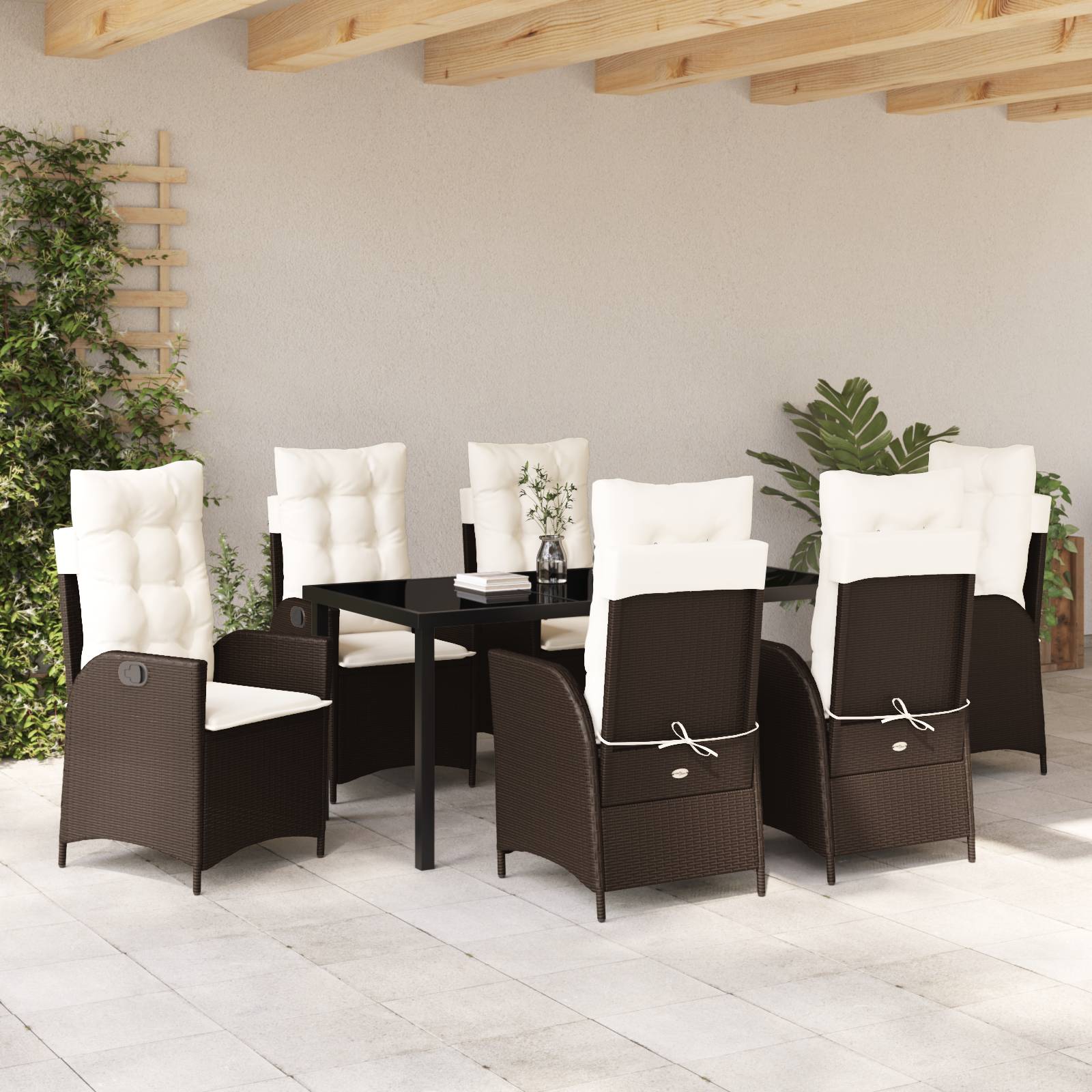 vidaXL 7-tlg. Garten-Essgruppe mit Kissen Braun Poly Rattan