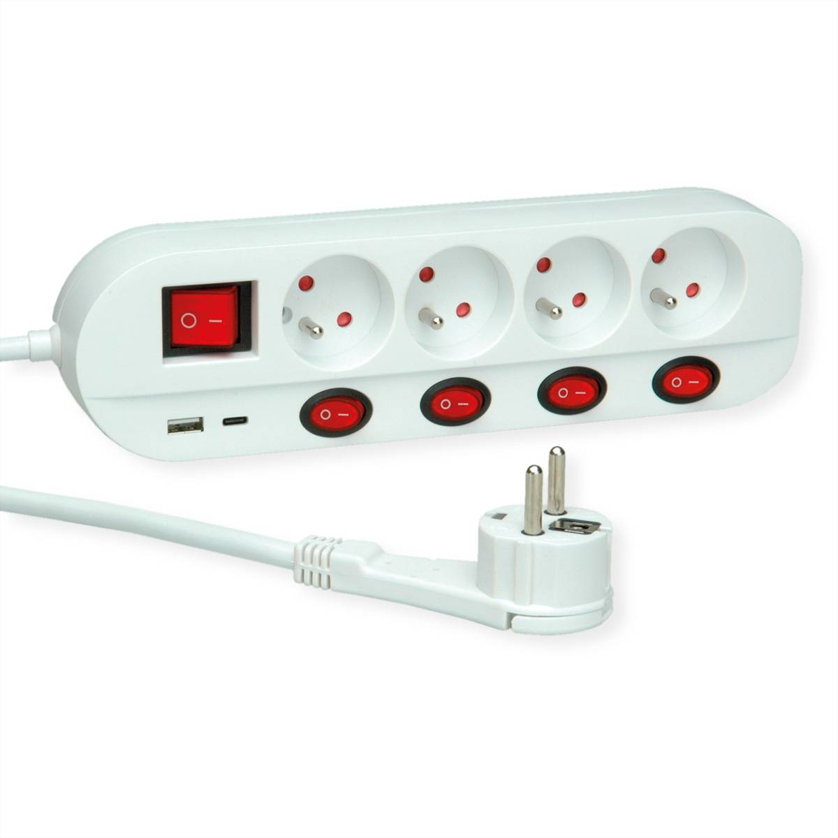 ROLINE 4-fach Steckdosenleiste mit Schalter, UTE Version, USB-Charger A+C, 1,5 m