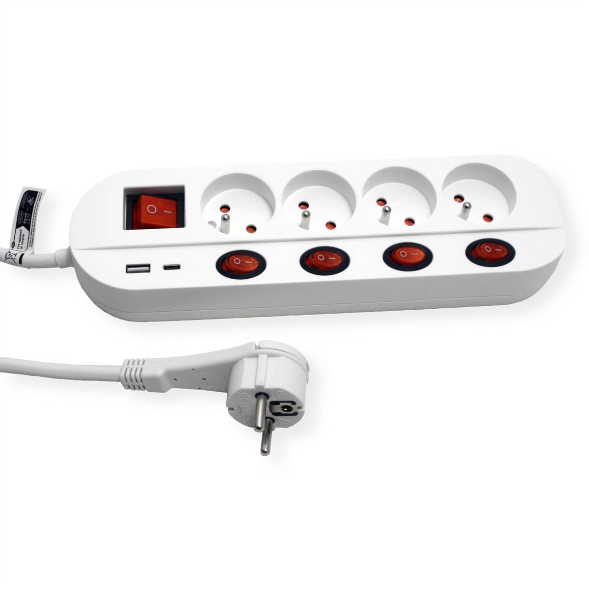 ROLINE 4-fach Steckdosenleiste mit Schalter, UTE Version, USB-Charger A+C, 1,5 m
