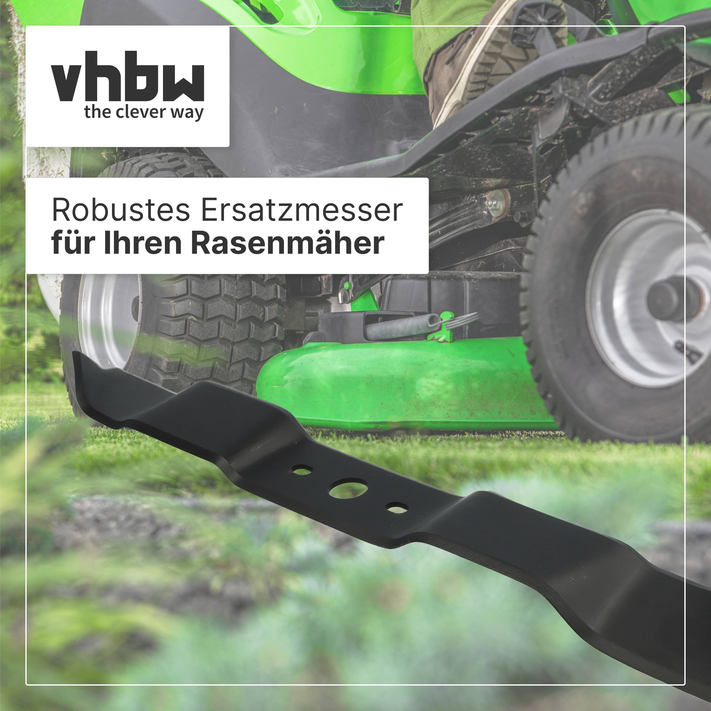 vhbw Rasenmäher-Ersatzmesser, dargestellt vor einem Aufsitzrasenmäher, mit deutschem Text „Robustes Ersatzmesser für Ihren Rasenmäher
