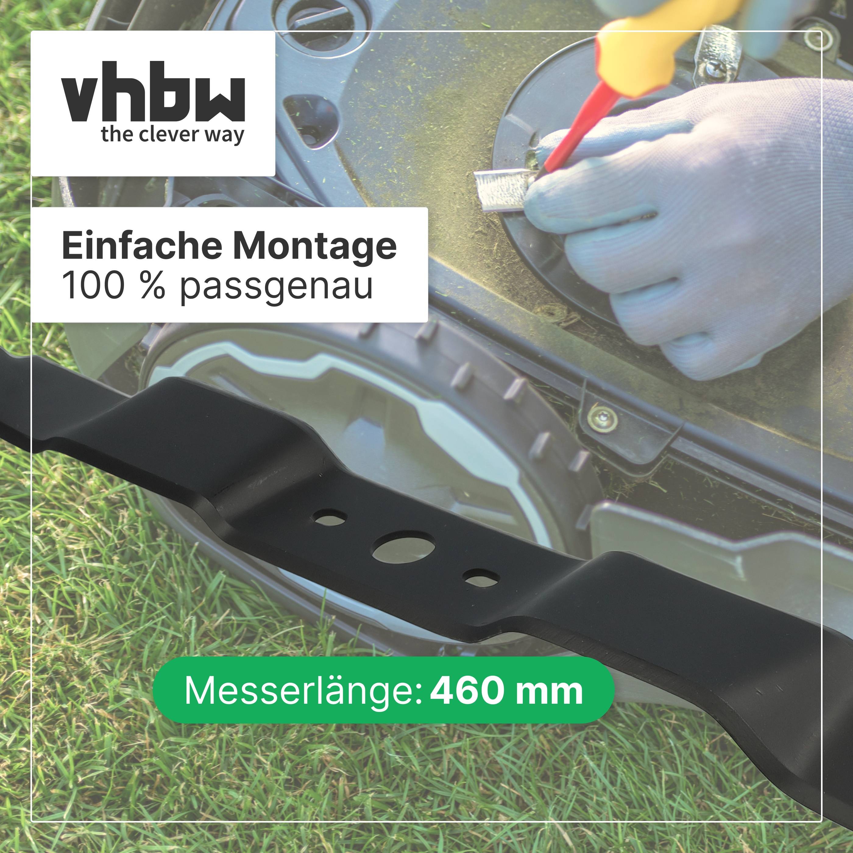 vhbw Rasenmähermesser Zubehör mit 'Einfache Montage, 100 % passgenau' und 'Messerlänge: 460 mm'; behandschuhte Hände montieren es.