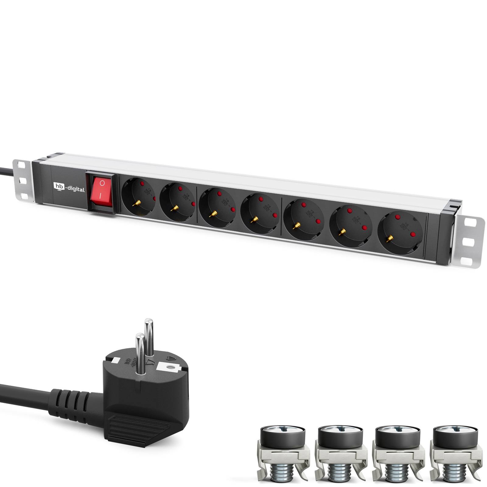 hb-digital 19 Zoll Steckdosenleiste 7-fach für Serverschrank 1HE