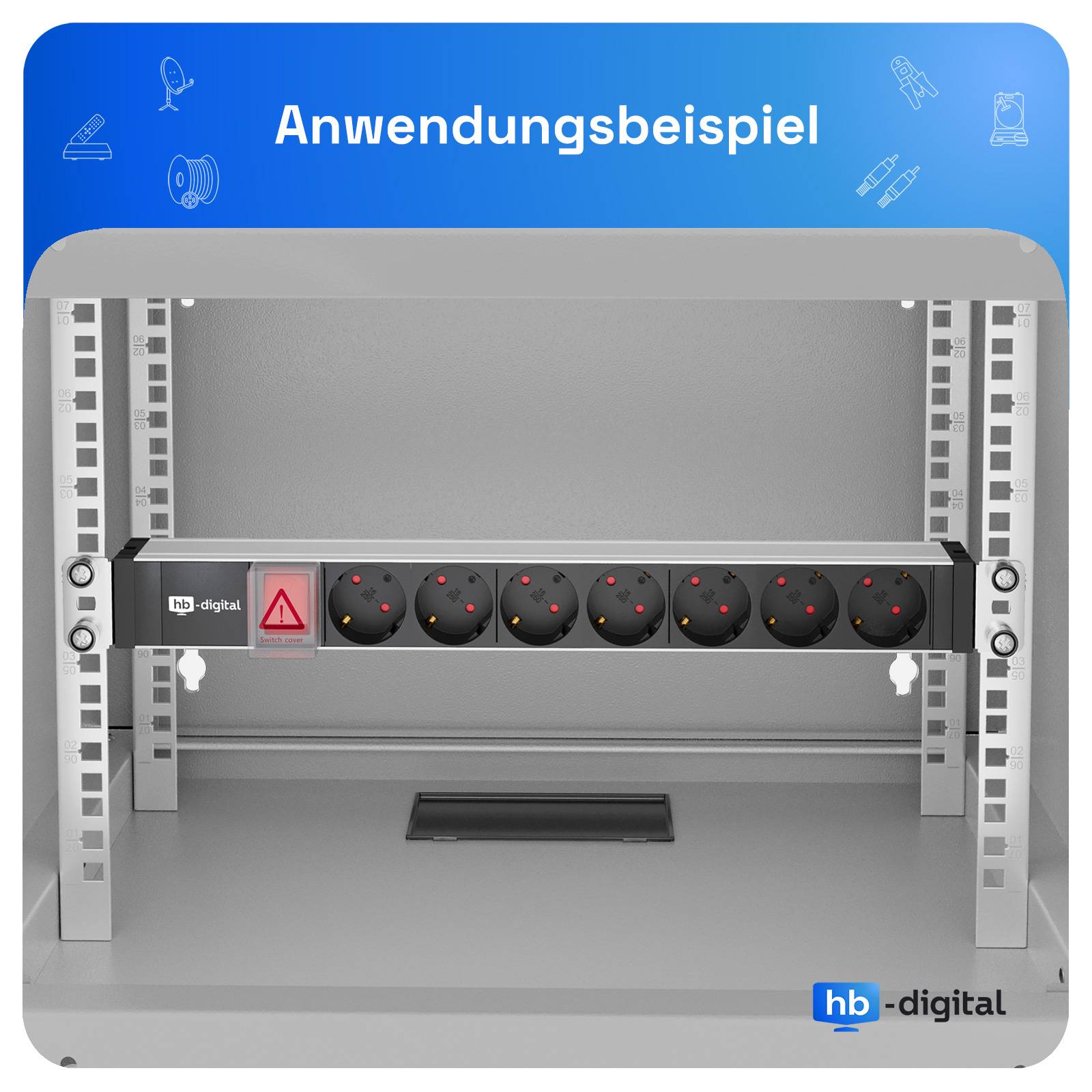 hb-digital 19 Zoll Steckdosenleiste 7-fach für Serverschrank 1HE