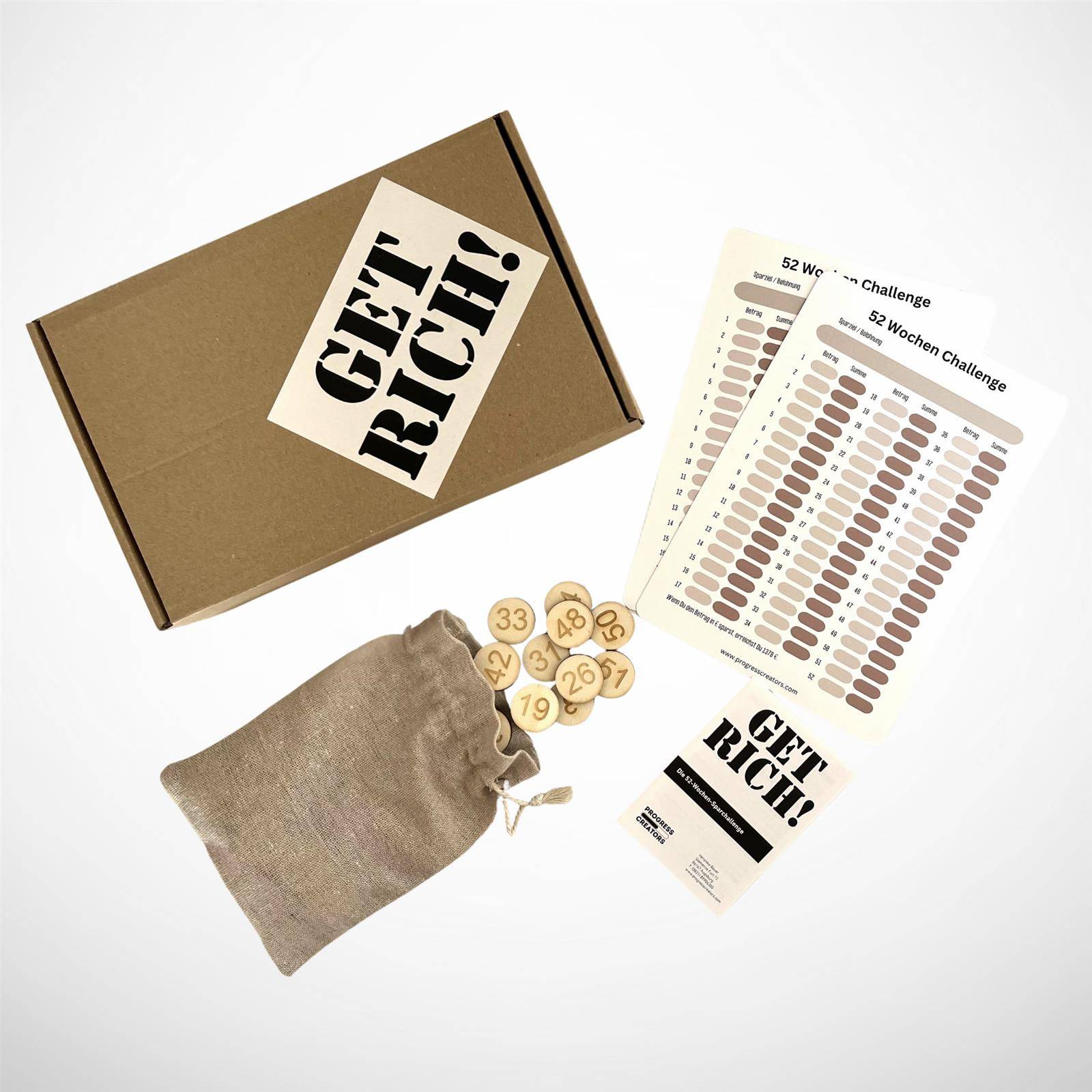 progress creators 52 Wochen Sparchallenge „GET RICH!“ Holzchip-Edition