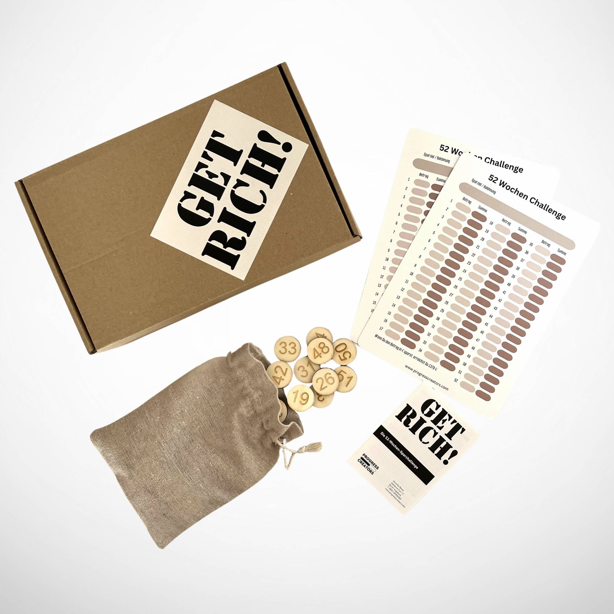 progress creators 52 Wochen Sparchallenge „GET RICH!“ Holzchip-Edition