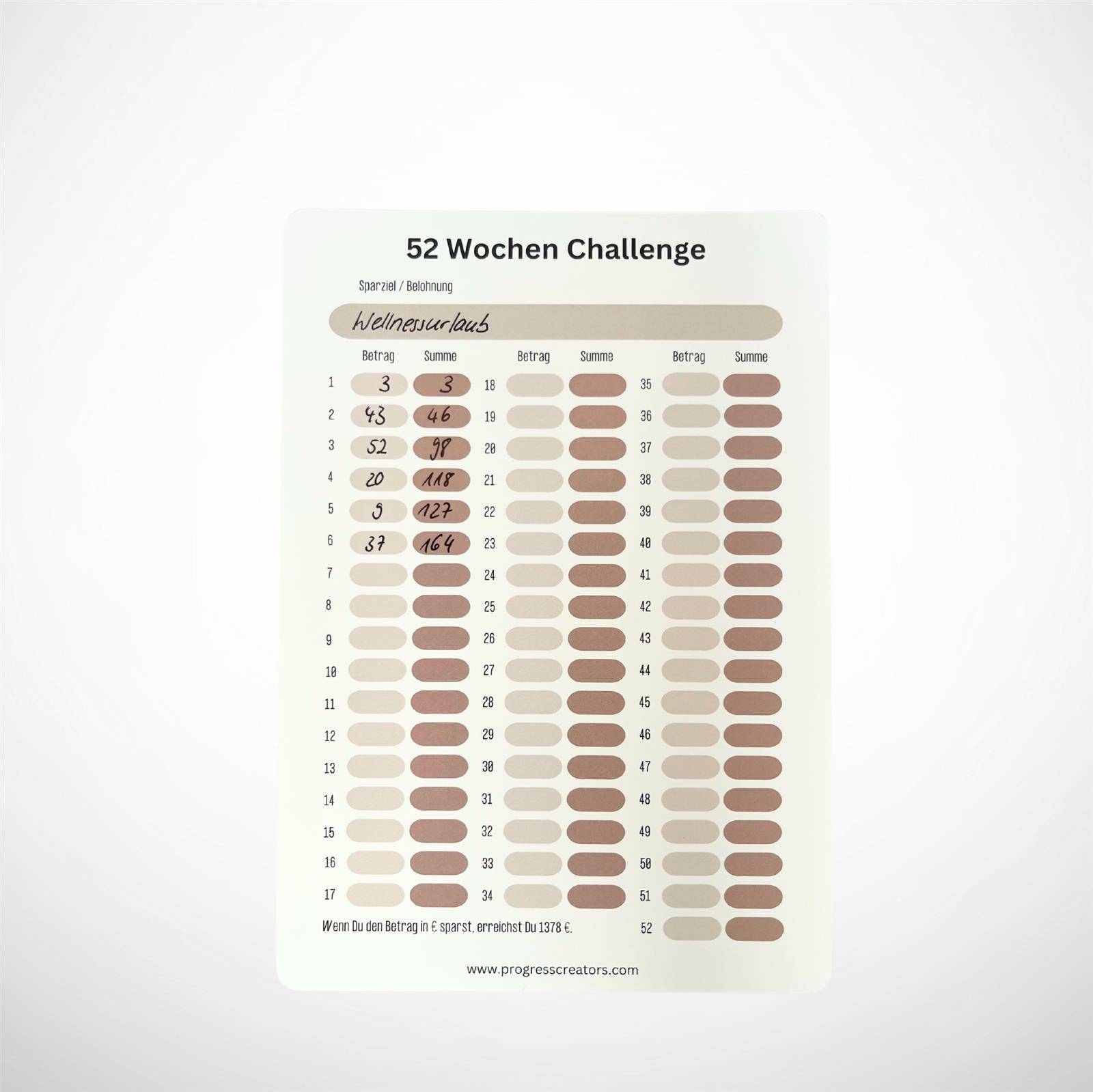 progress creators 52 Wochen Sparchallenge „GET RICH!“ Holzchip-Edition