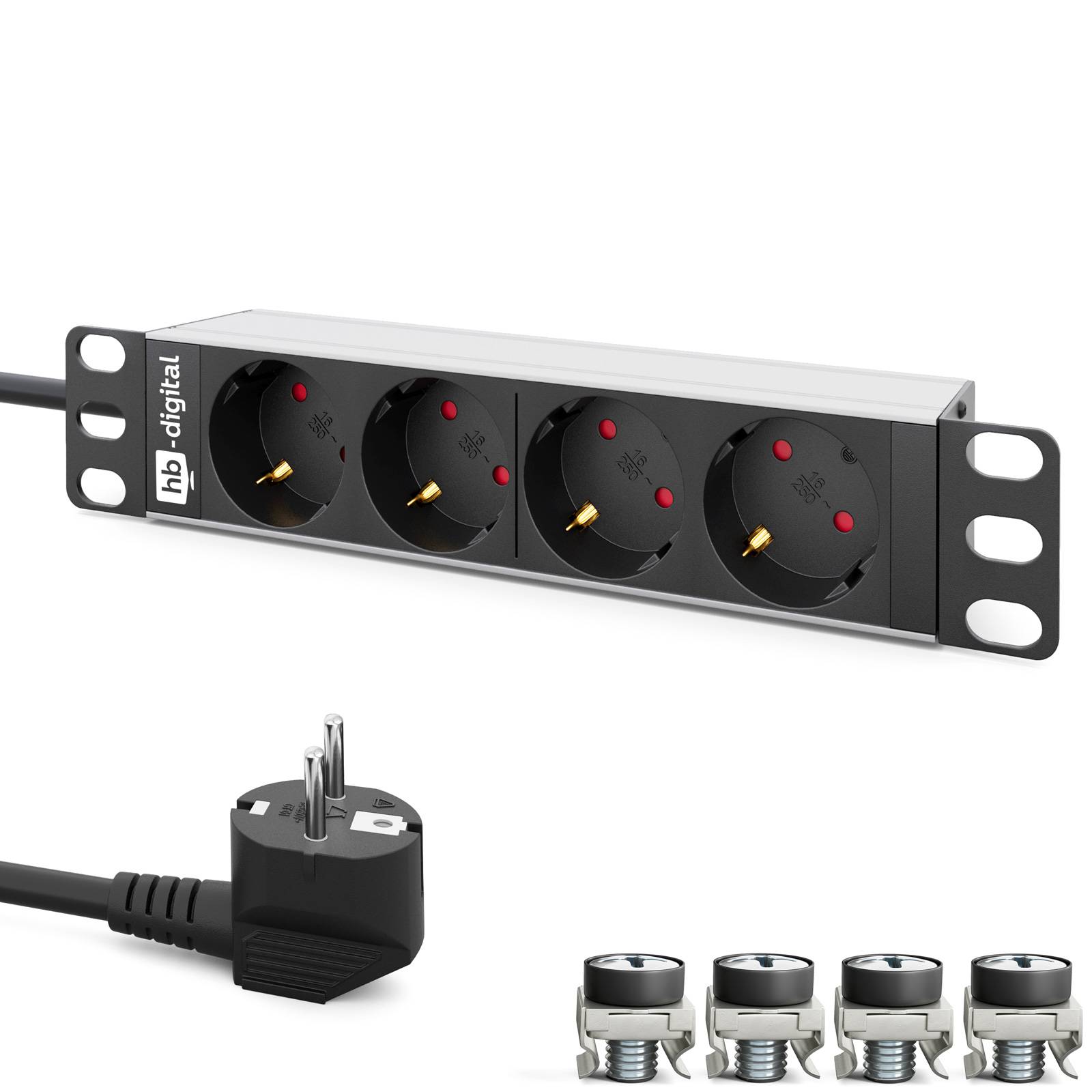 hb-digital 10 Zoll Steckdosenleiste 4-fach für Serverschrank 1HE