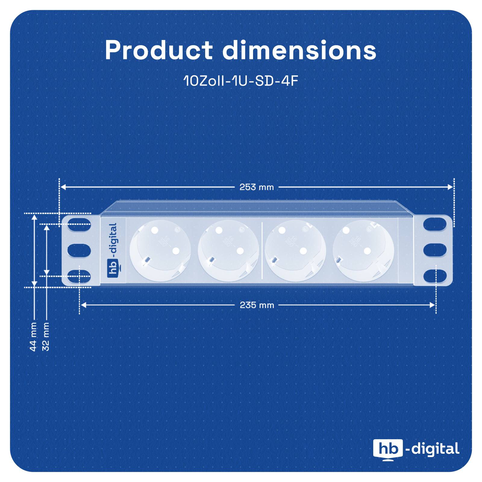 hb-digital 10 Zoll Steckdosenleiste 4-fach für Serverschrank 1HE