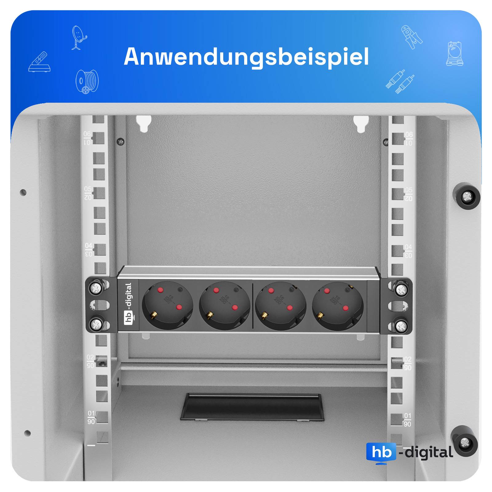 hb-digital 10 Zoll Steckdosenleiste 4-fach für Serverschrank 1HE