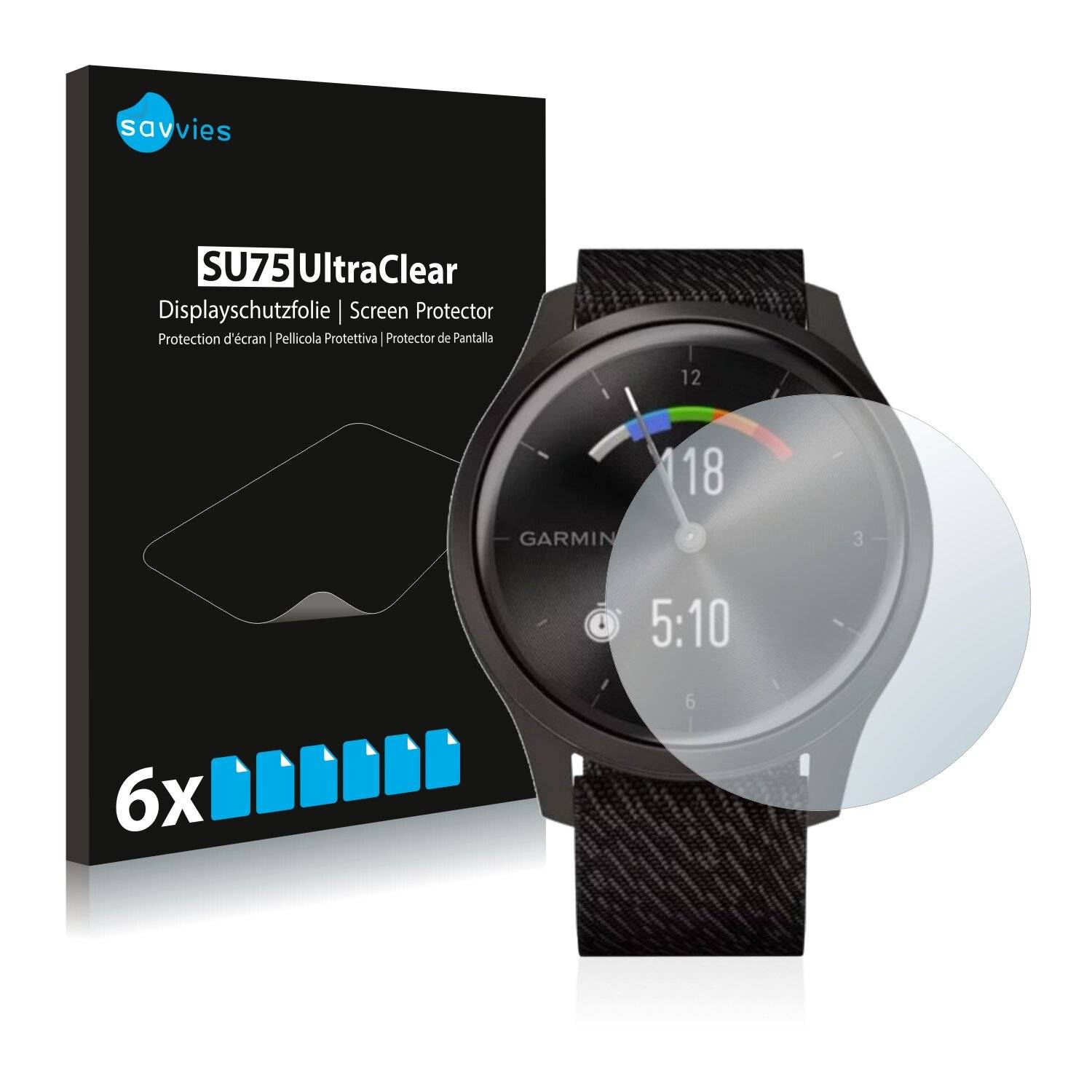 6x Savvies® SU75 Displayschutzfolie für Garmin vivomove Style (42 mm)