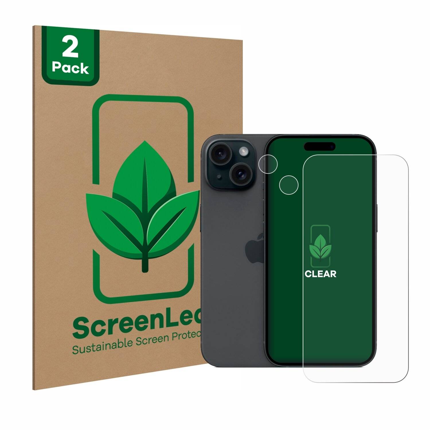 2x ScreenLeaf Clear Nachhaltiger Displayschutz für Apple iPhone 15