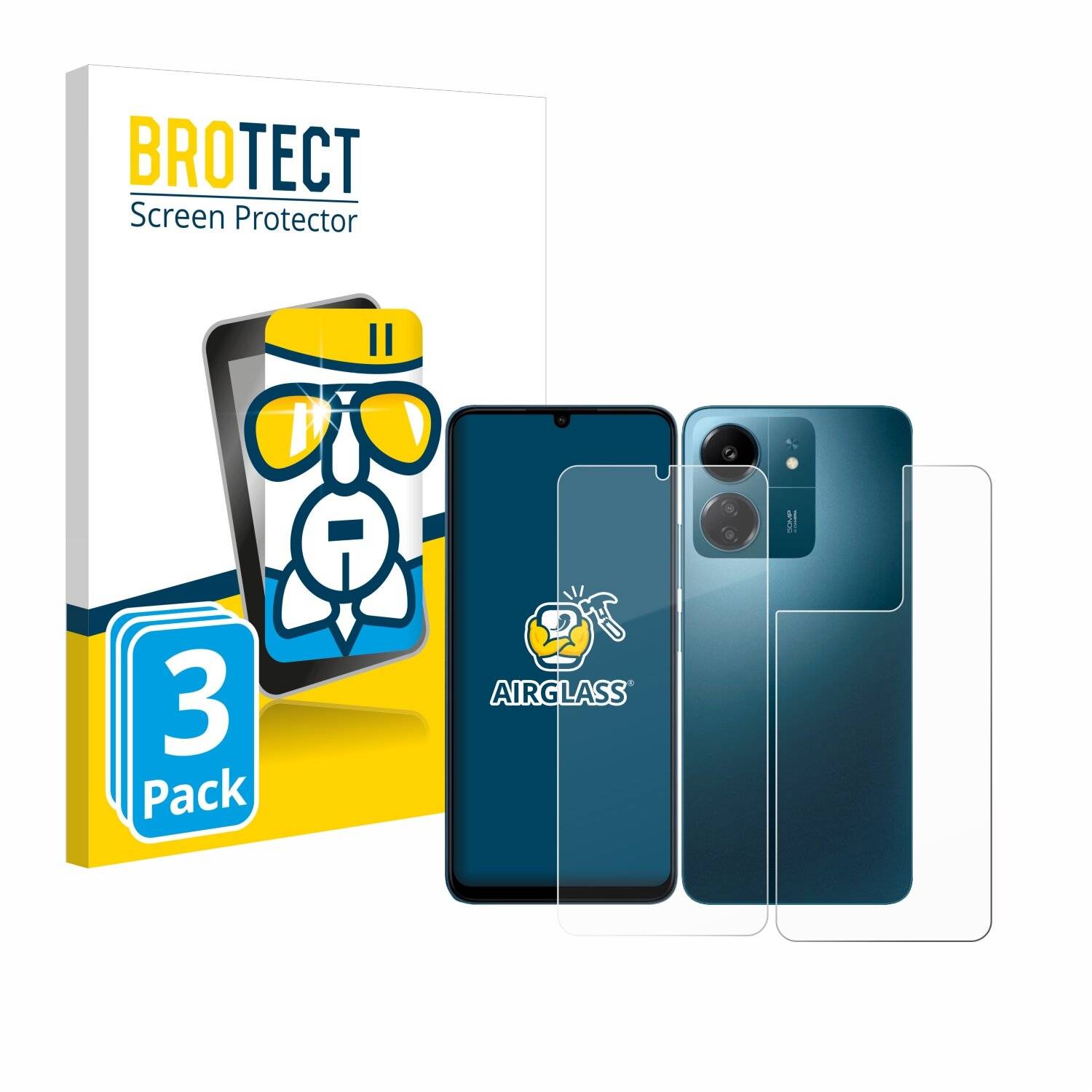 3x BROTECT AirGlass Glas Panzer-Folie für Xiaomi Redmi 13C (Display+Rückseite) -