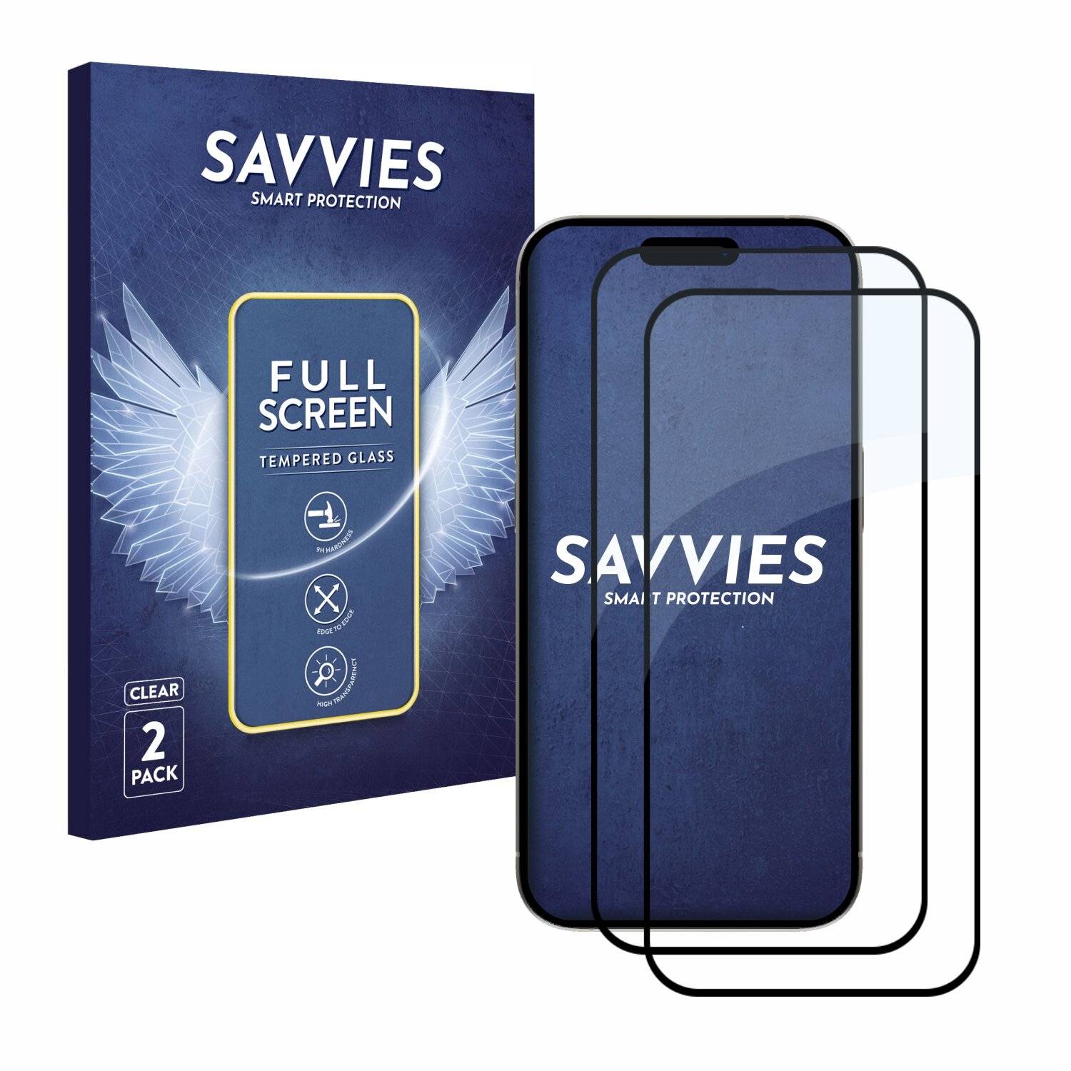 2x Savvies Full-Screen Panzer Schutz-Glas für Apple iPhone 15 Pro