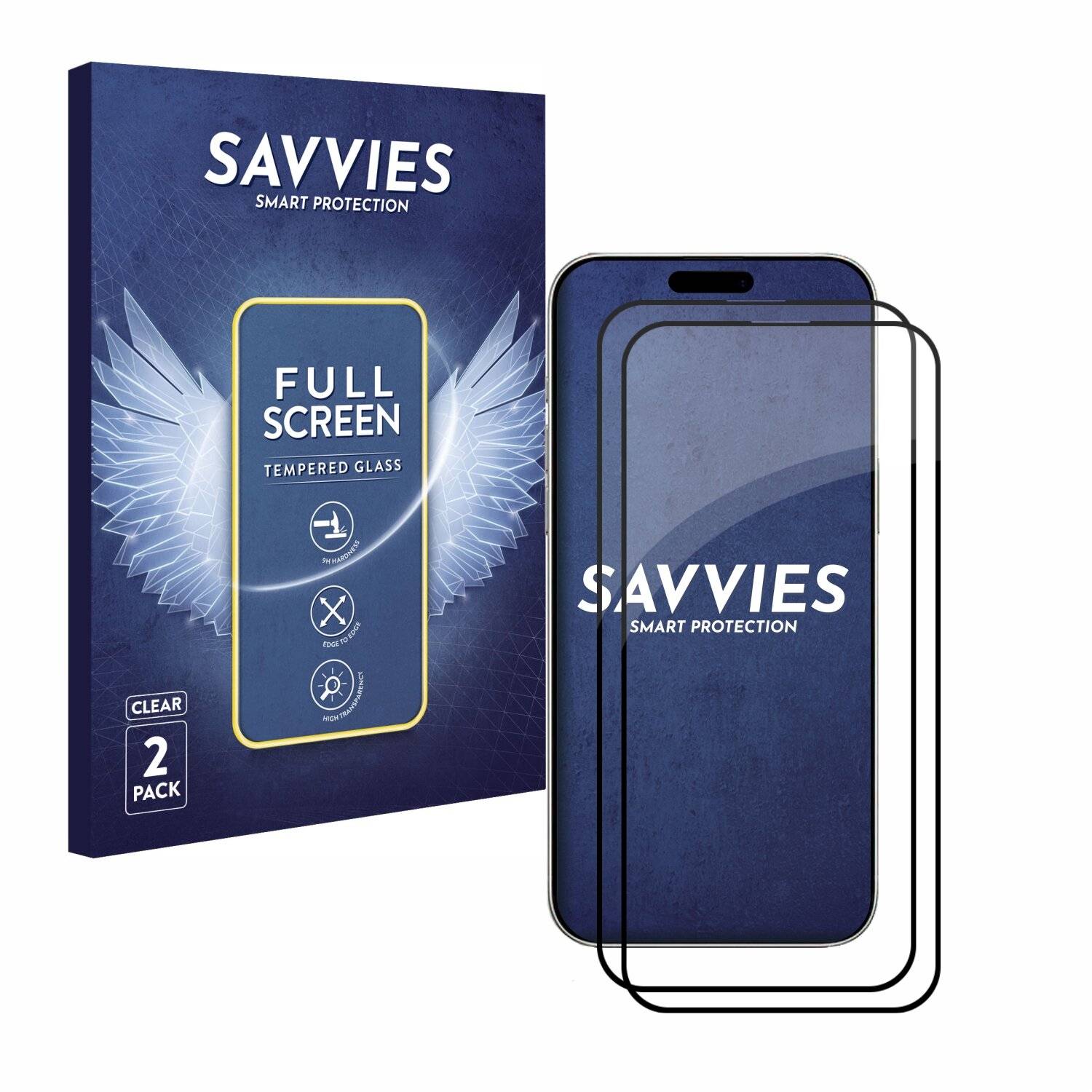 2x Savvies FHD33 2.5D Full Screen Panzer Schutz-Glas für Apple iPhone 16 Pro