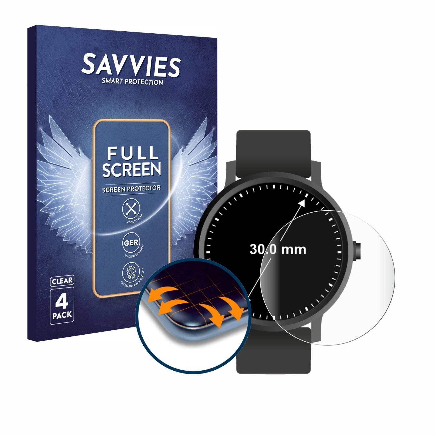 4x Savvies Full-Screen Folie für Armbanduhren (Kreisrund, ø: 30