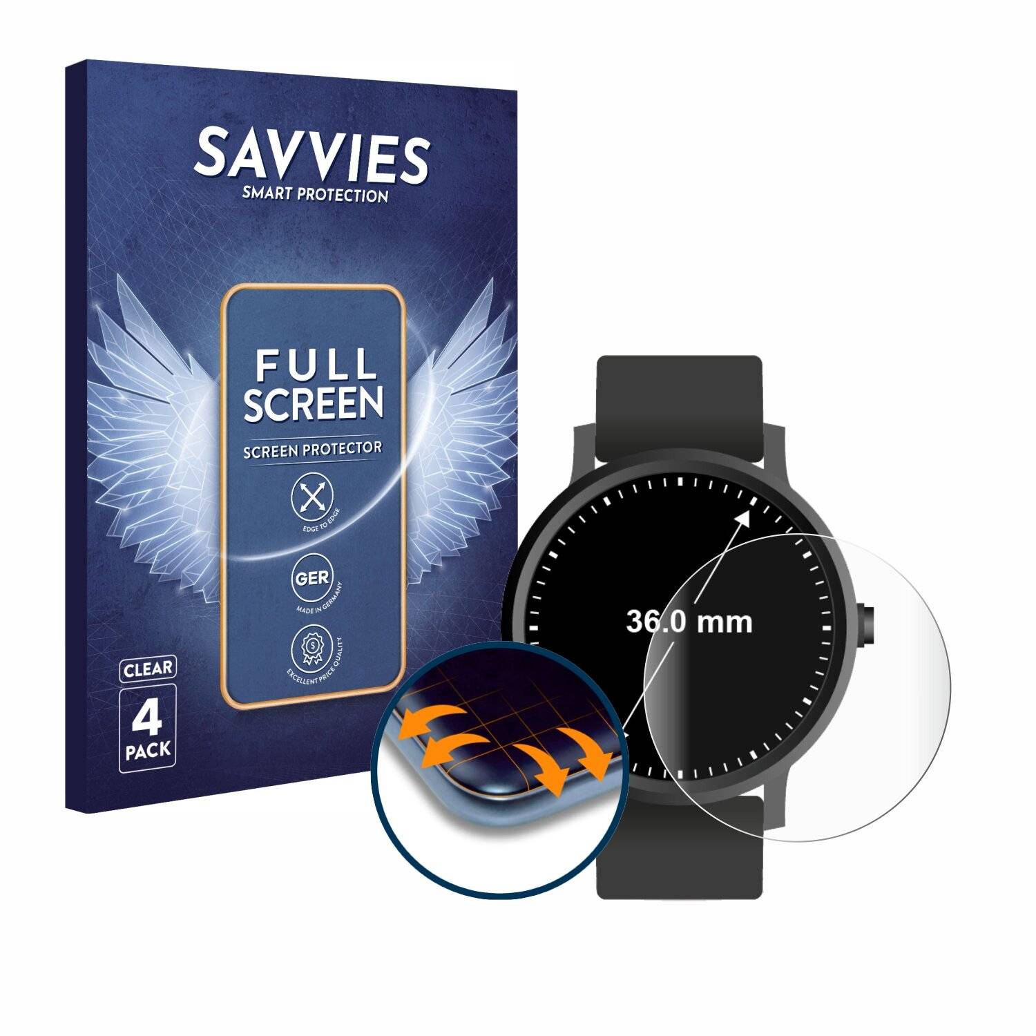 4x Savvies Full-Screen Folie für Armbanduhren (Kreisrund, ø: 36