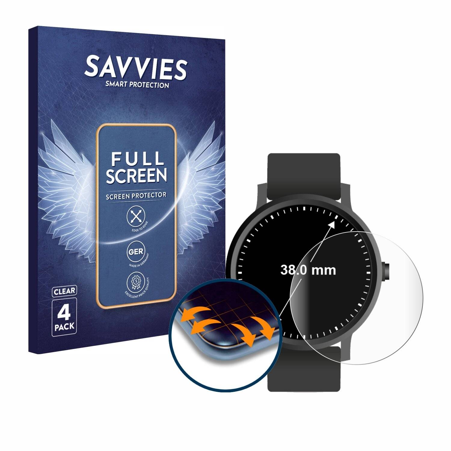 4x Savvies Full-Screen Folie für Armbanduhren (Kreisrund, ø: 38