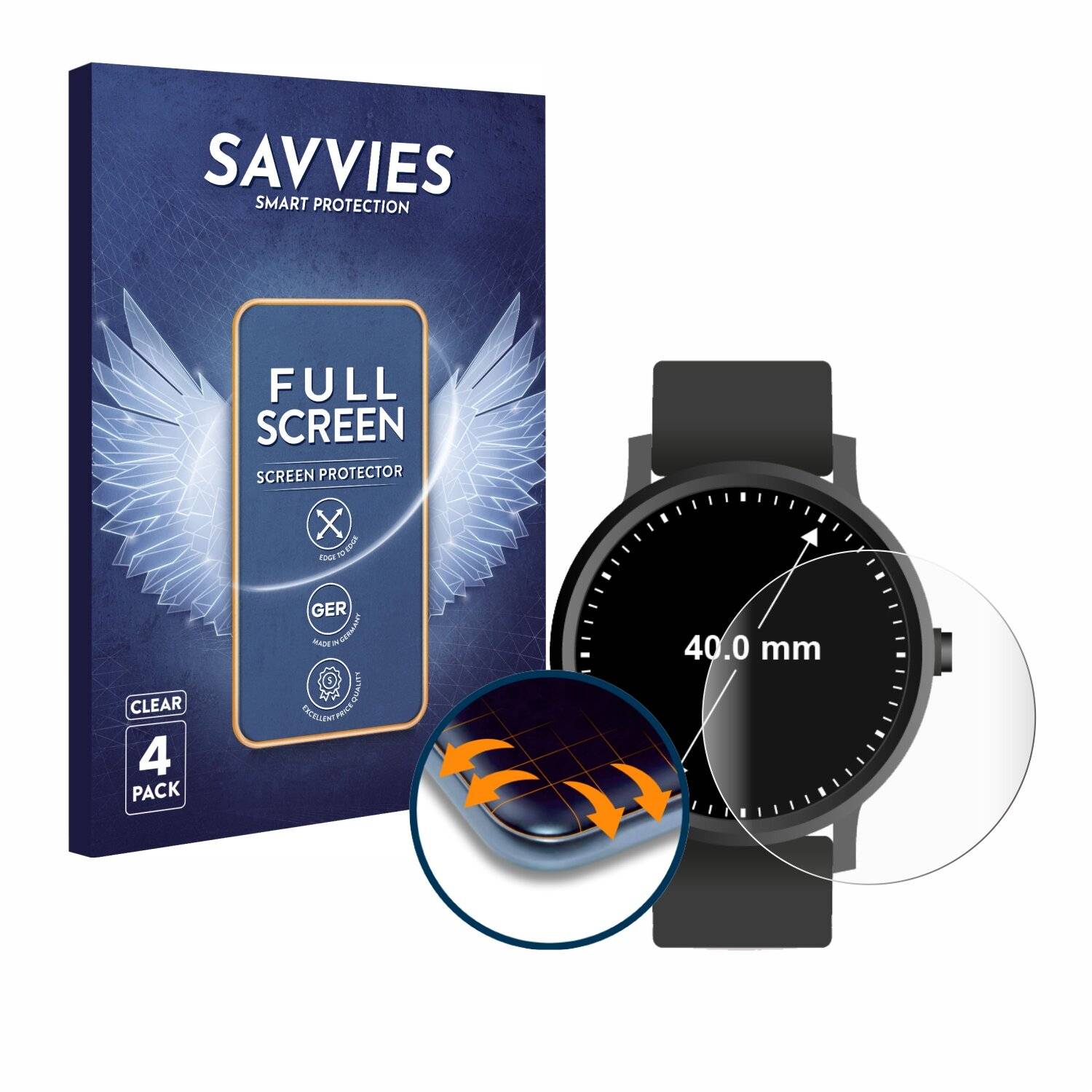 4x Savvies Full-Screen Folie für Armbanduhren (Kreisrund, ø: 40