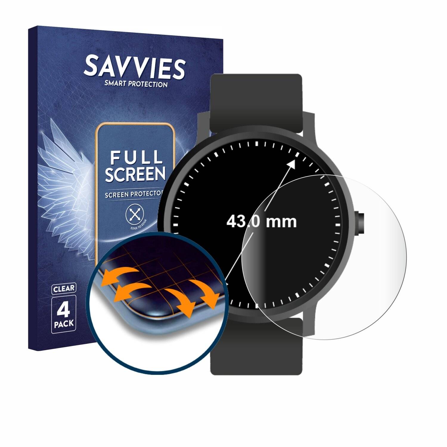 4x Savvies Full-Screen Folie für Armbanduhren (Kreisrund, ø: 43