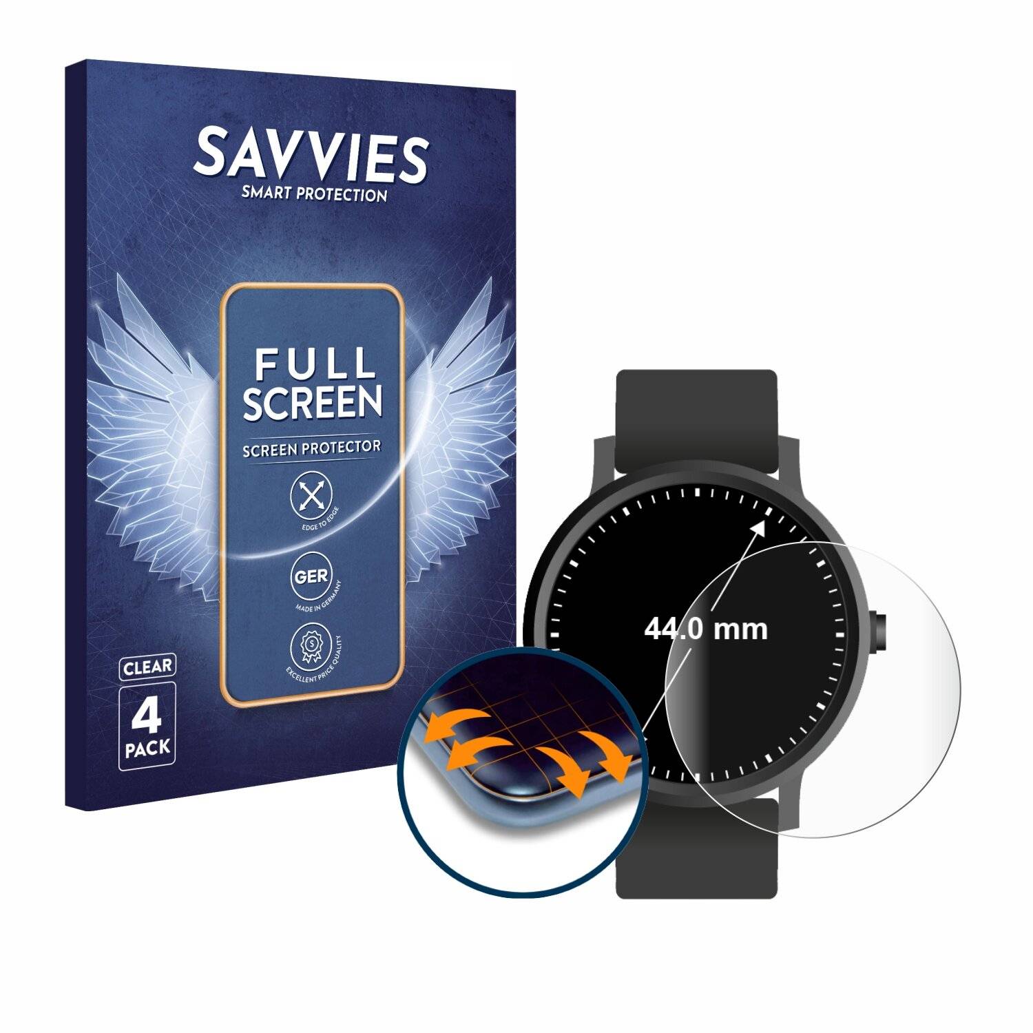 4x Savvies Full-Screen Folie für Armbanduhren (Kreisrund, ø: 44