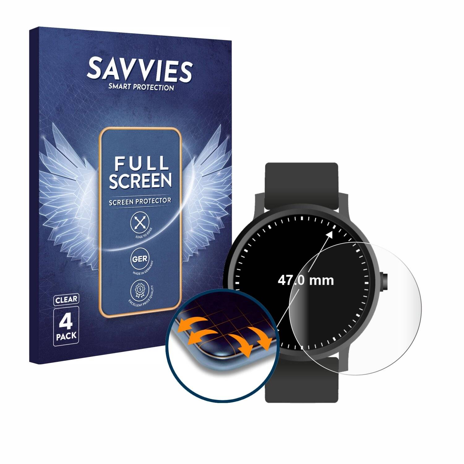 4x Savvies Full-Screen Folie für Armbanduhren (Kreisrund, ø: 47