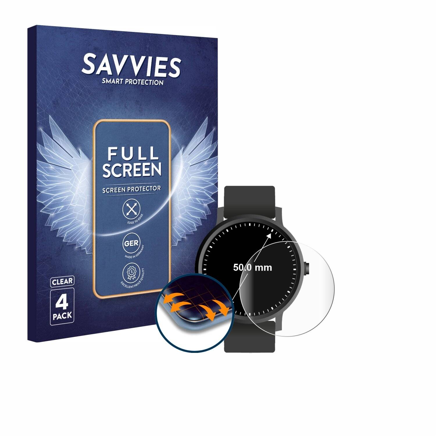 4x Savvies Full-Screen Folie für Armbanduhren (Kreisrund, ø: 50