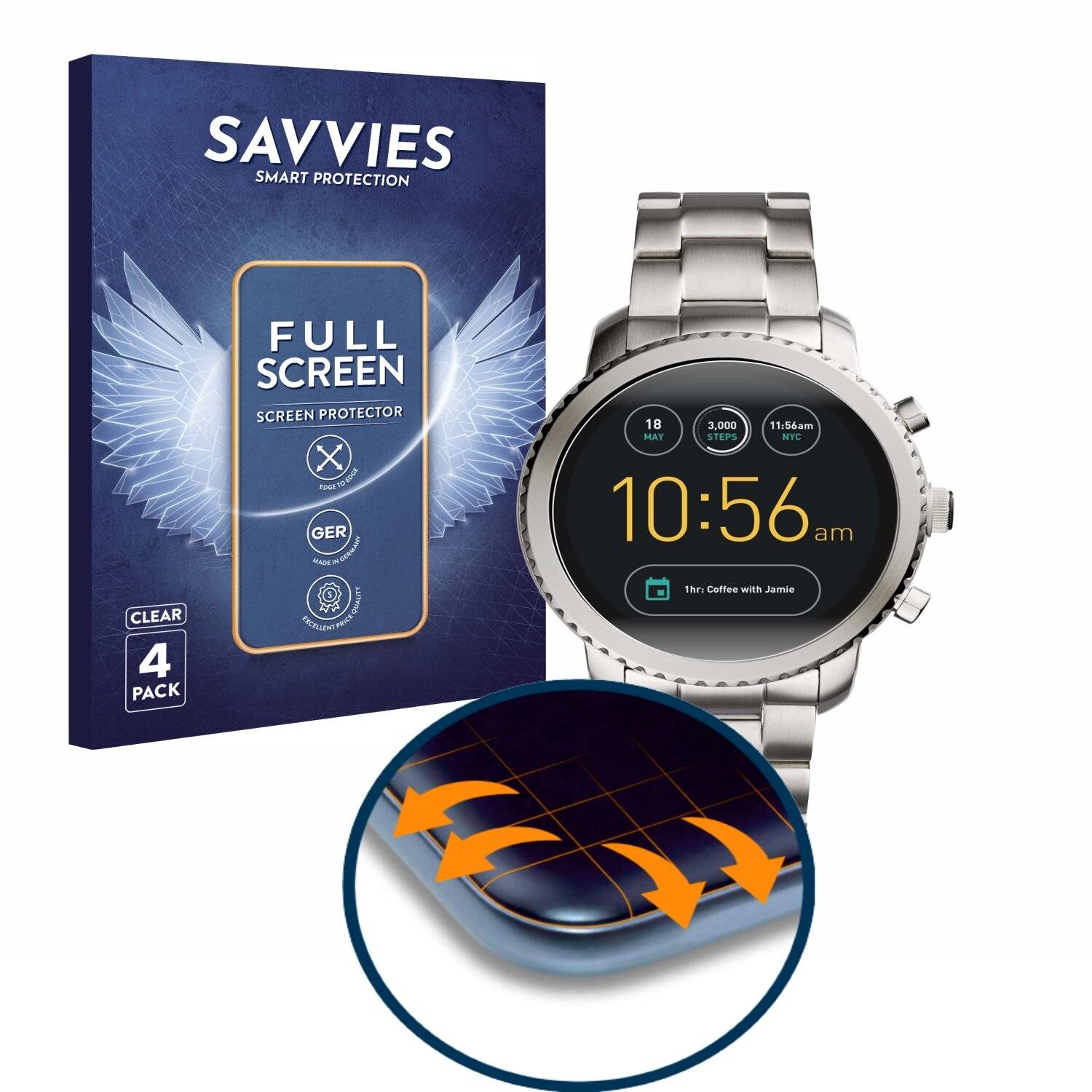 4x Savvies Full-Screen Folie für Fossil Q Explorist (4x Kreisrunde Displays (Durchmesser: 38