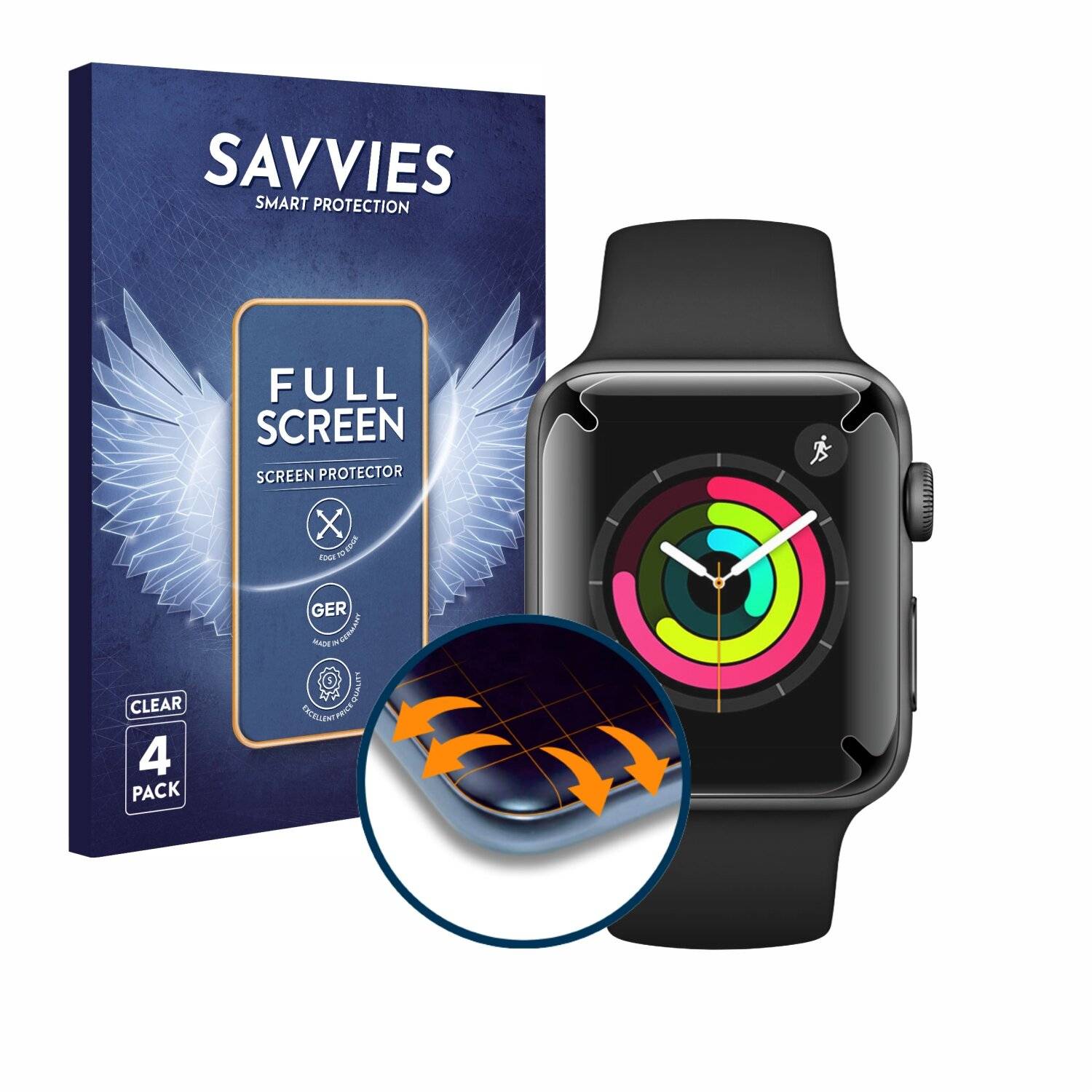4x Savvies Full-Screen Folie für Apple Watch Series 3 (42