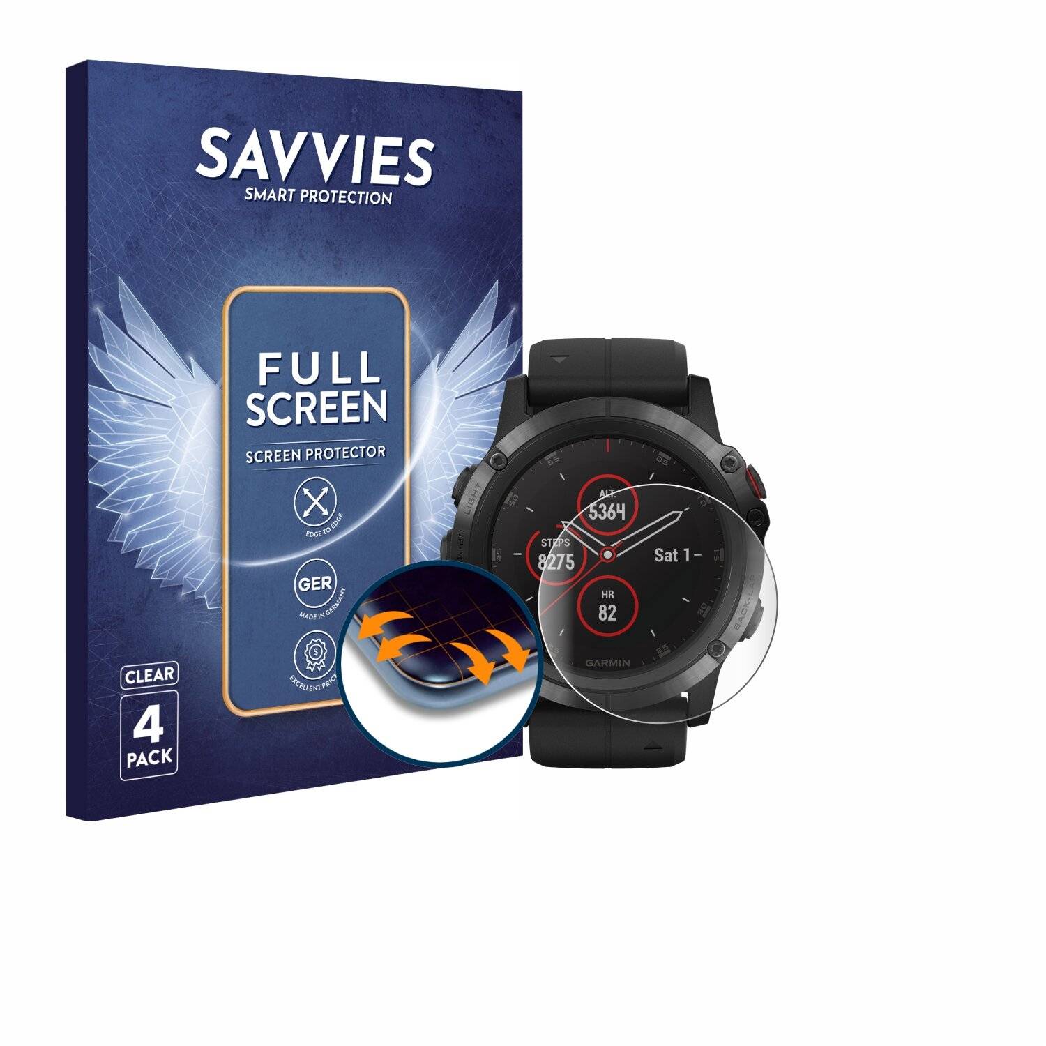 4x Savvies Full-Screen Folie für Garmin Fenix 5X Plus (51 mm)