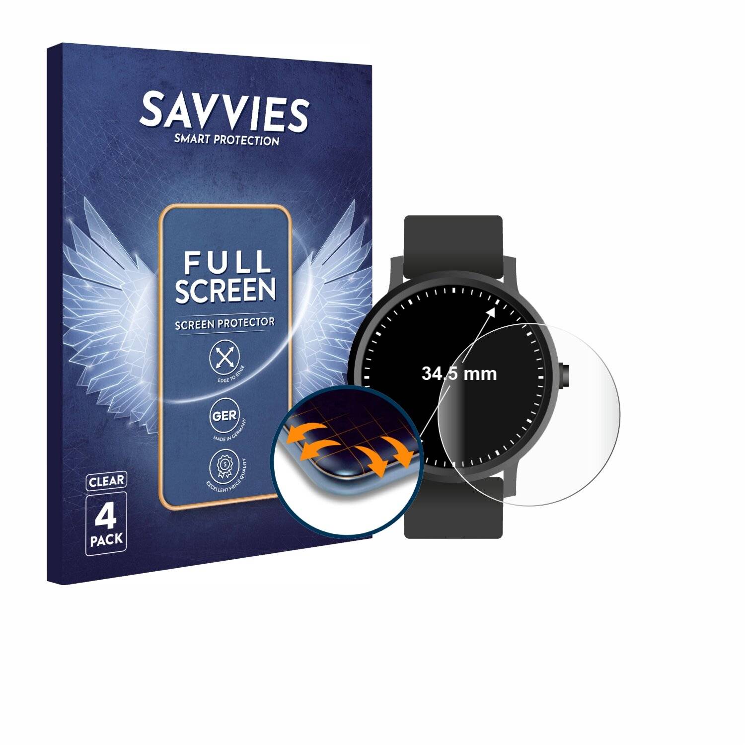 4x Savvies Full-Screen Folie für Armbanduhren (Kreisrund, ø: 34.5