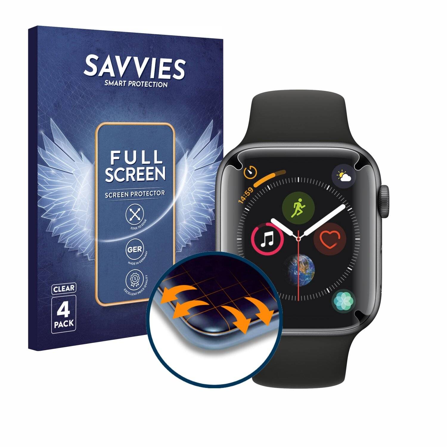 4x Savvies Full-Screen Folie für Apple Watch Series 4 (44 mm)