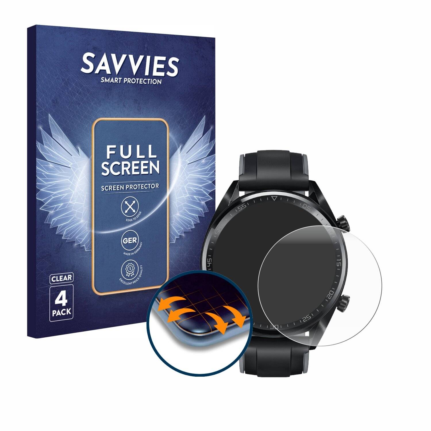 4x Savvies Full-Screen Folie für Huawei Watch GT (46 mm)