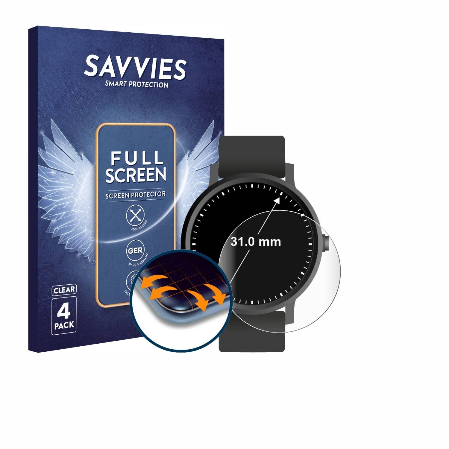4x Savvies Full-Screen Folie für Kreisrunde Displays (ø: 31