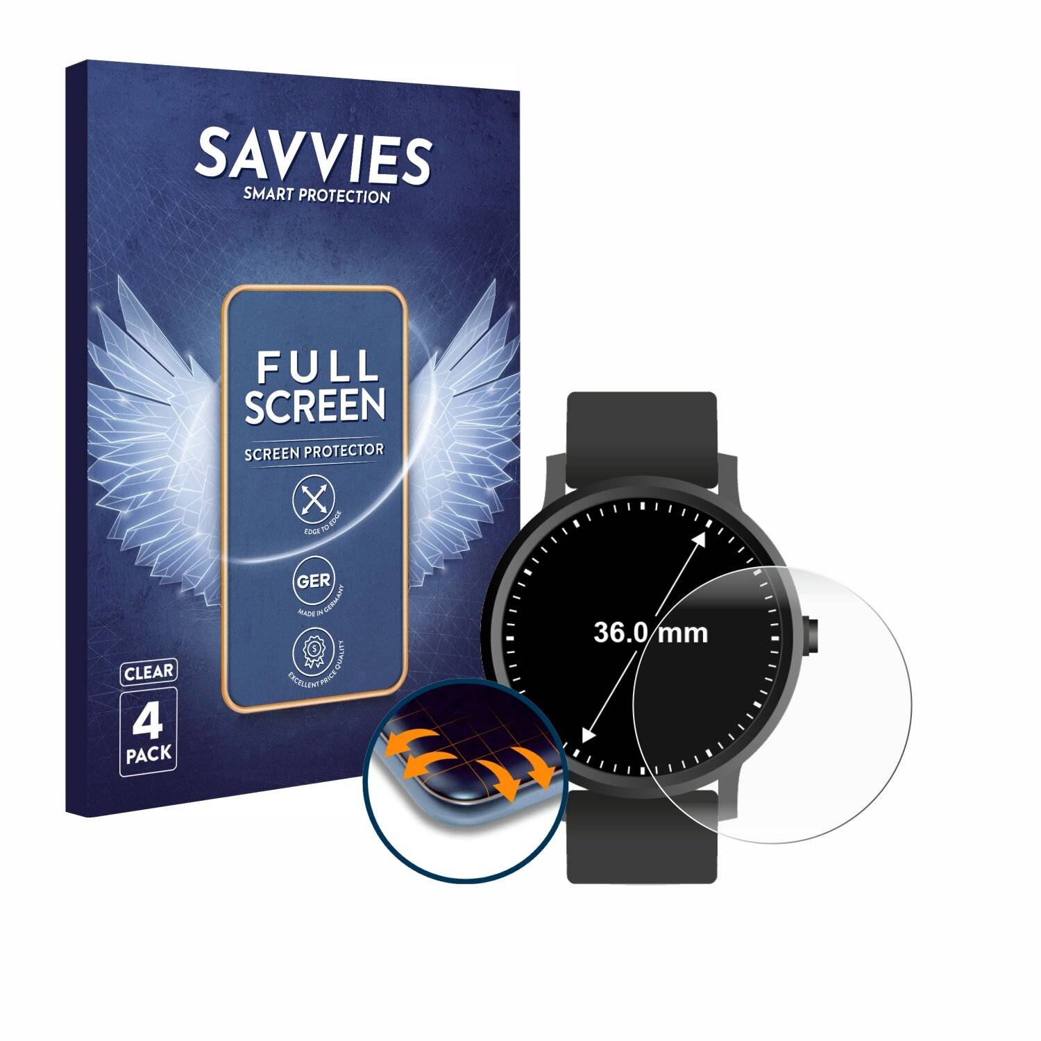 4x Savvies Full-Screen Folie für Kreisrunde Displays (ø: 36