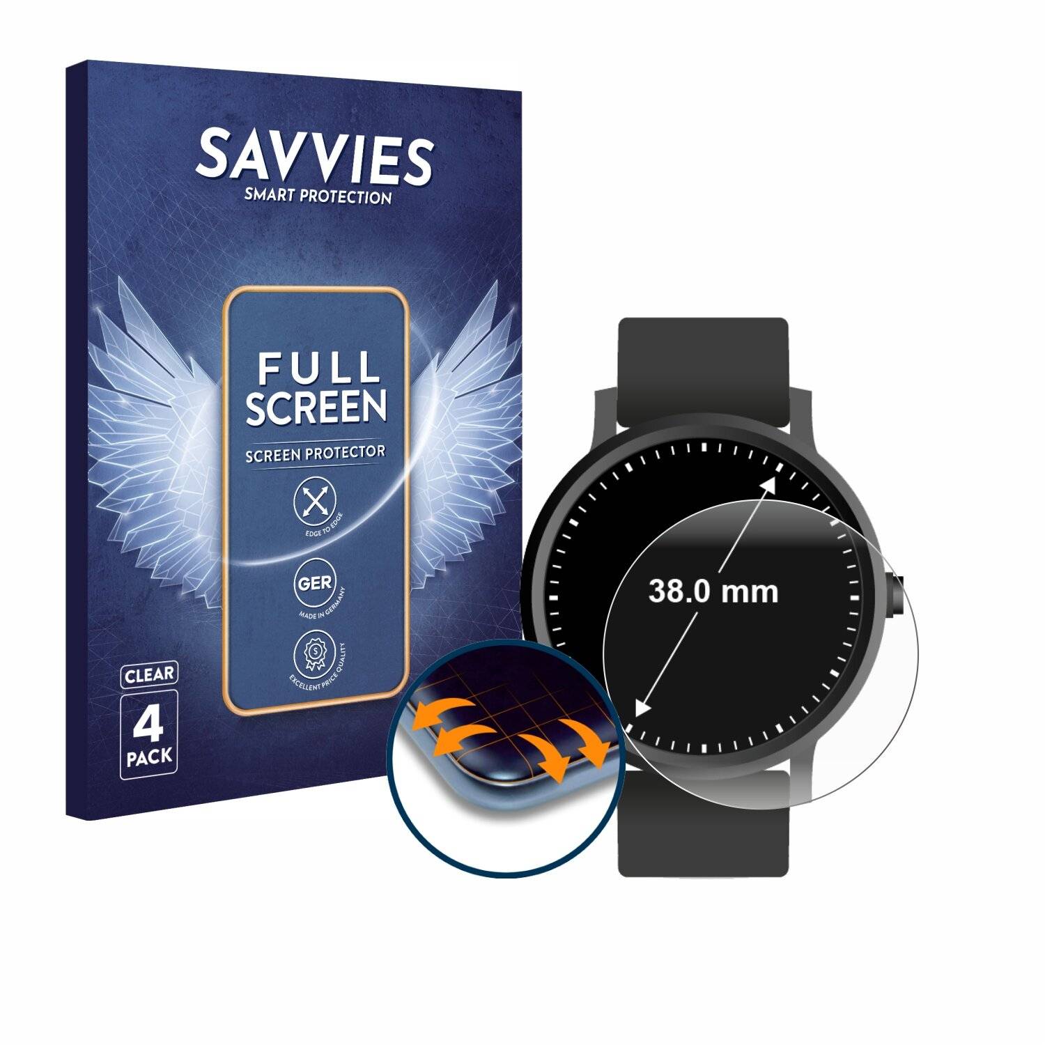 4x Savvies Full-Screen Folie für Kreisrunde Displays (ø: 38