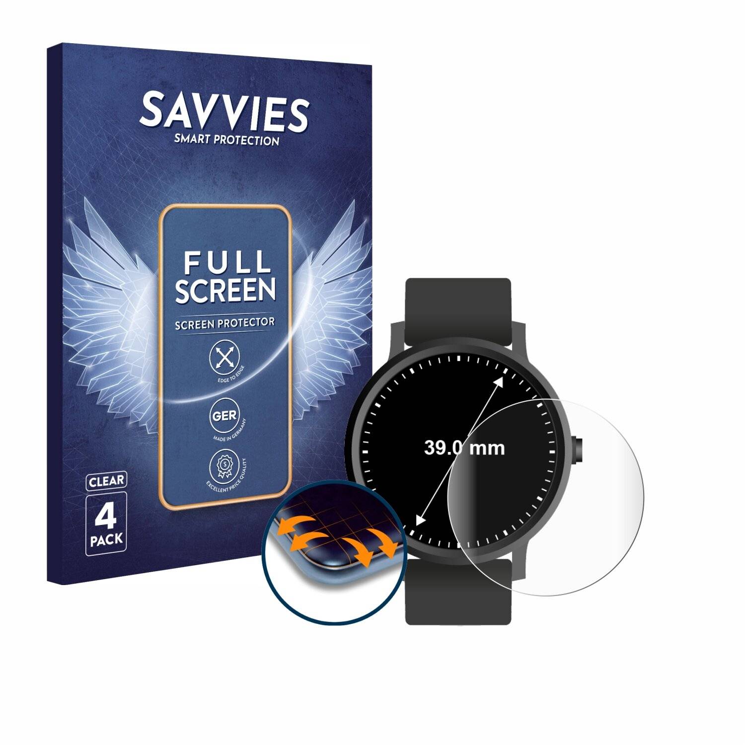 4x Savvies Full-Screen Folie für Kreisrunde Displays (ø: 39