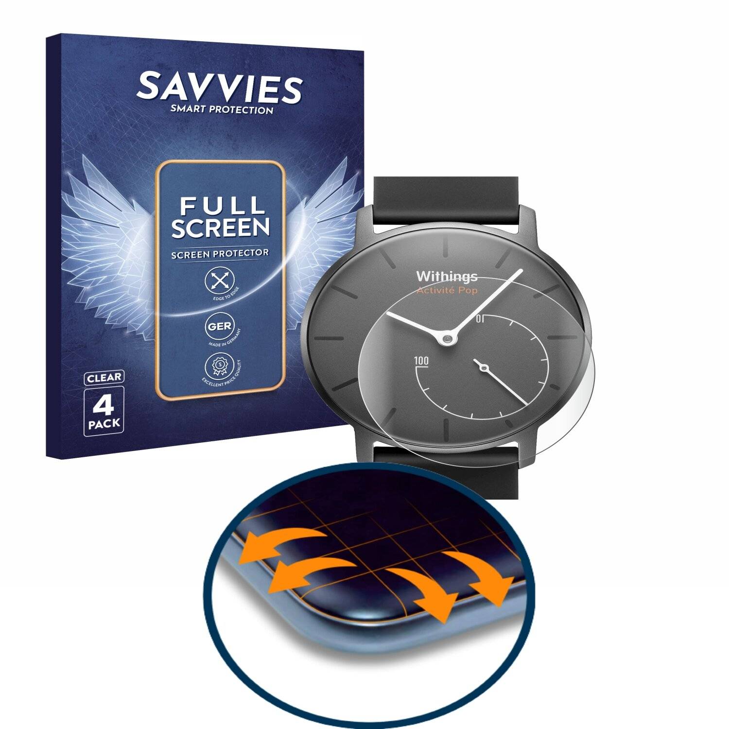4x Savvies Full-Screen Folie für Withings Activité Pop (4x Kreisrunde Displays (Durchmesser: