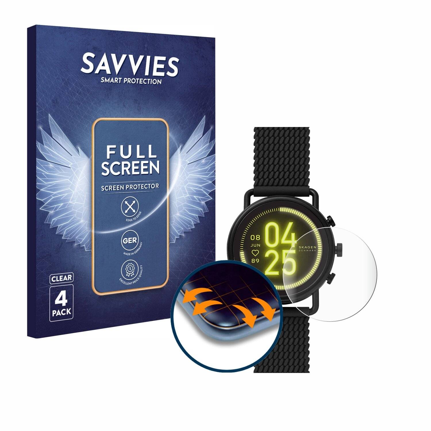 4x Savvies Full-Screen Folie für Skagen Smartwatch Falster 3