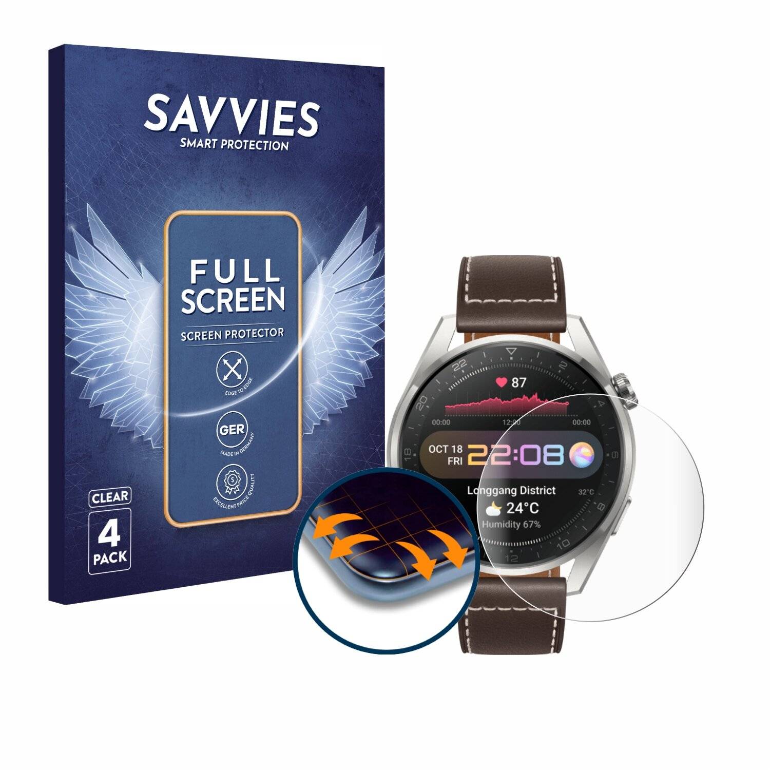 4x Savvies Full-Screen Folie für Huawei Watch 3 Pro