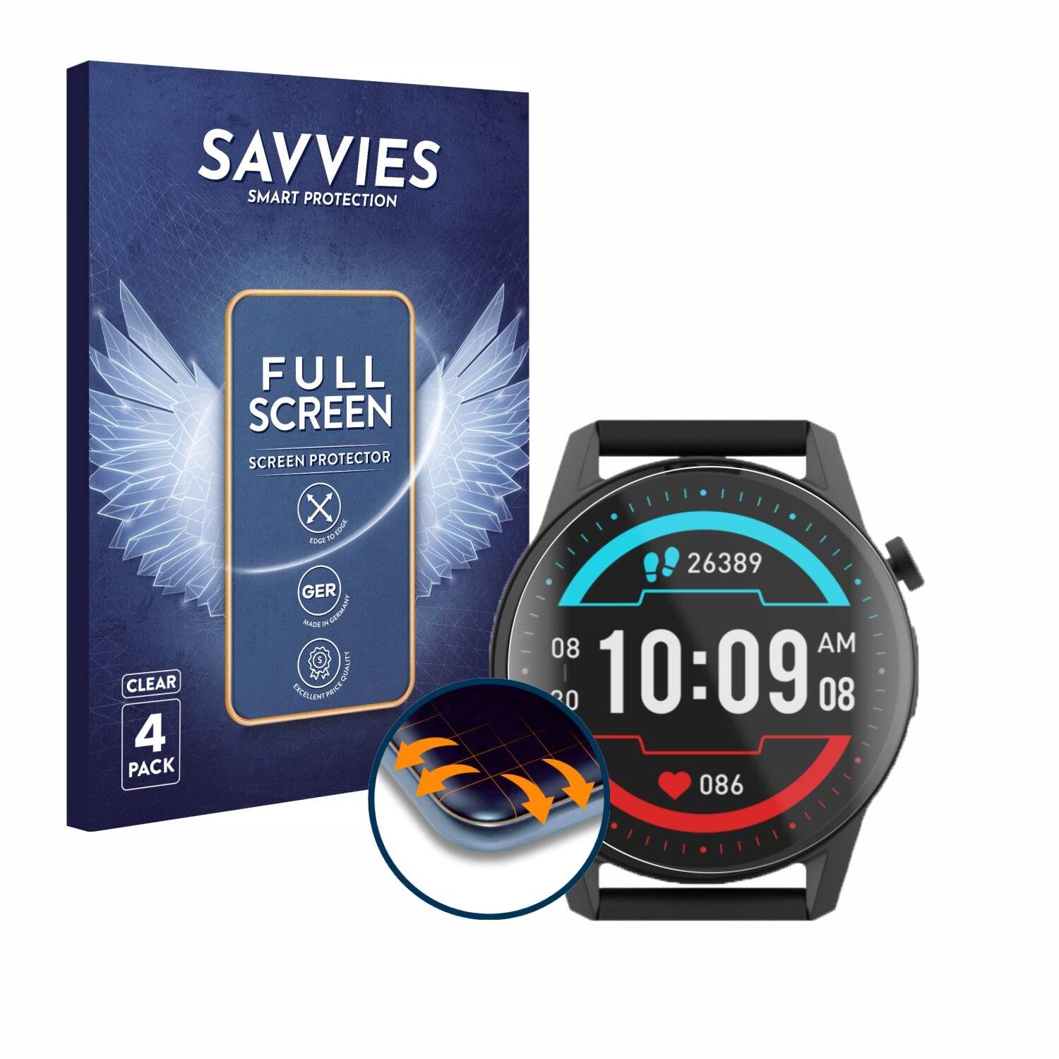 4x Savvies Full-Screen Folie für Xoro SMW 20 (4x Kreisrunde Displays (Durchmesser: 40