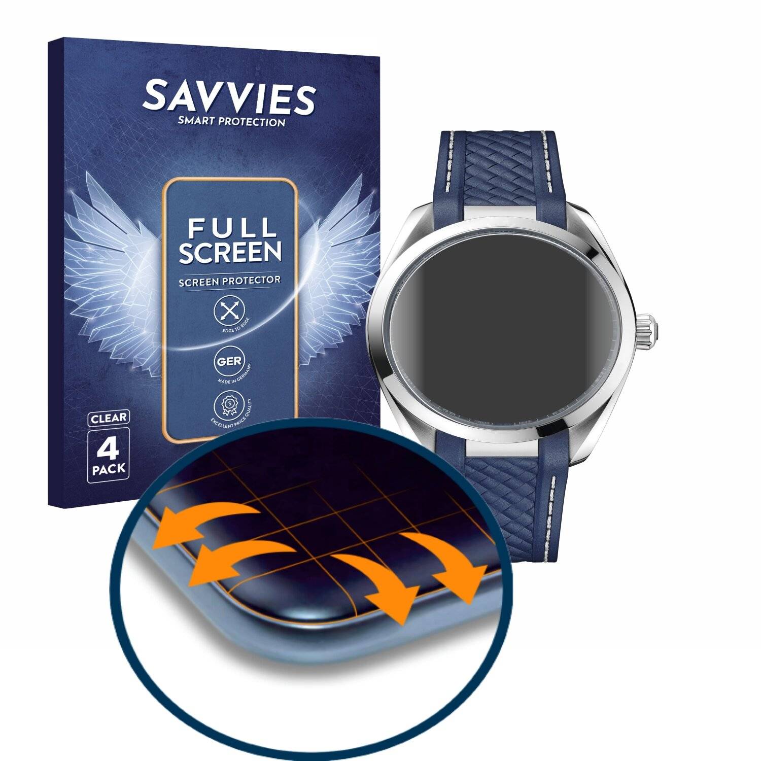 4x Savvies Full-Screen Folie für Omega Seamaster AQUA TERRA 150 M (41mm) (4x Kreisrunde