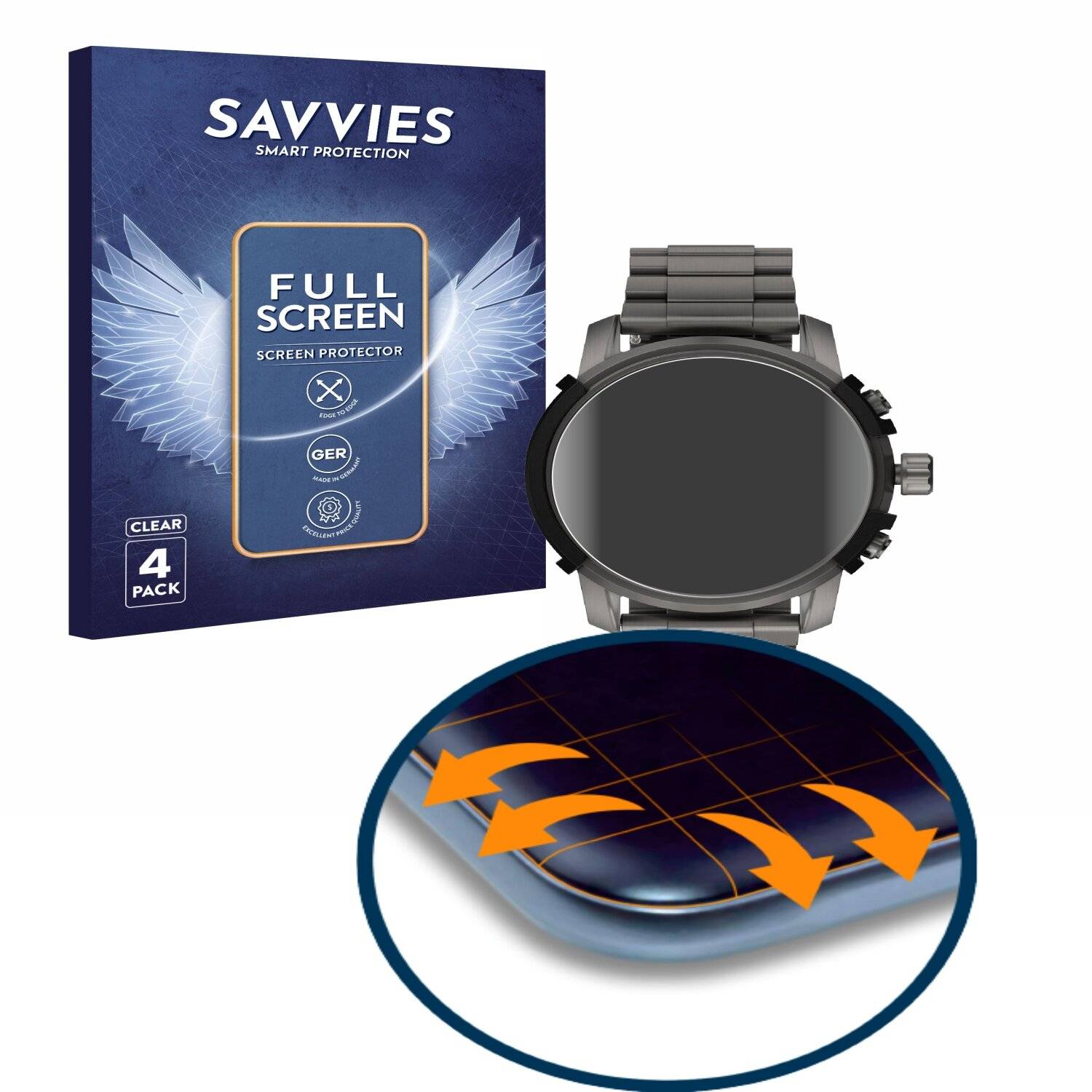 4x Savvies Full-Screen Folie für Diesel On DZT2042R (48 mm) (4x Kreisrunde Displays