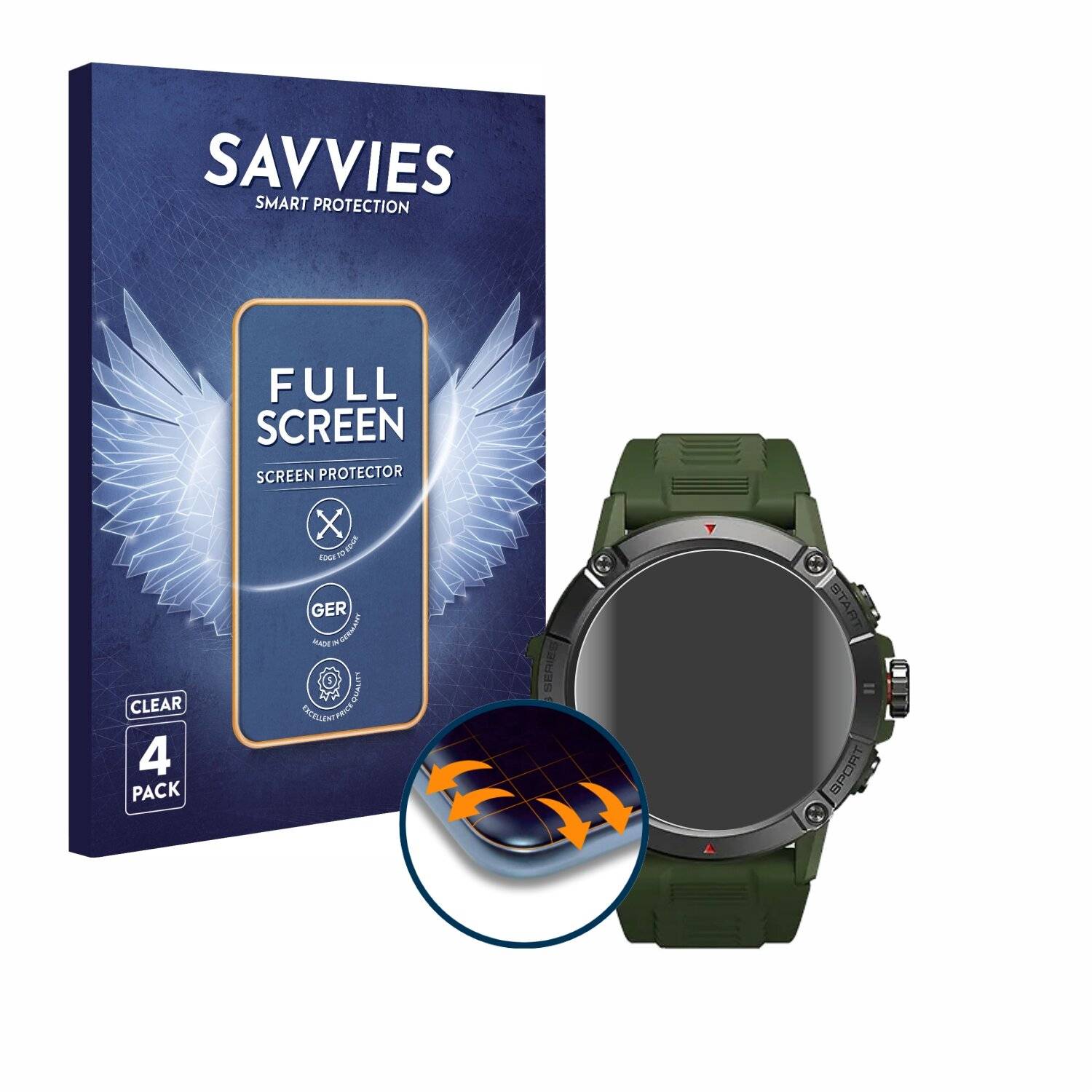 4x Savvies Full-Screen Folie für Zeblaze Ares 3 (4x Kreisrunde Displays (Durchmesser: 38.5