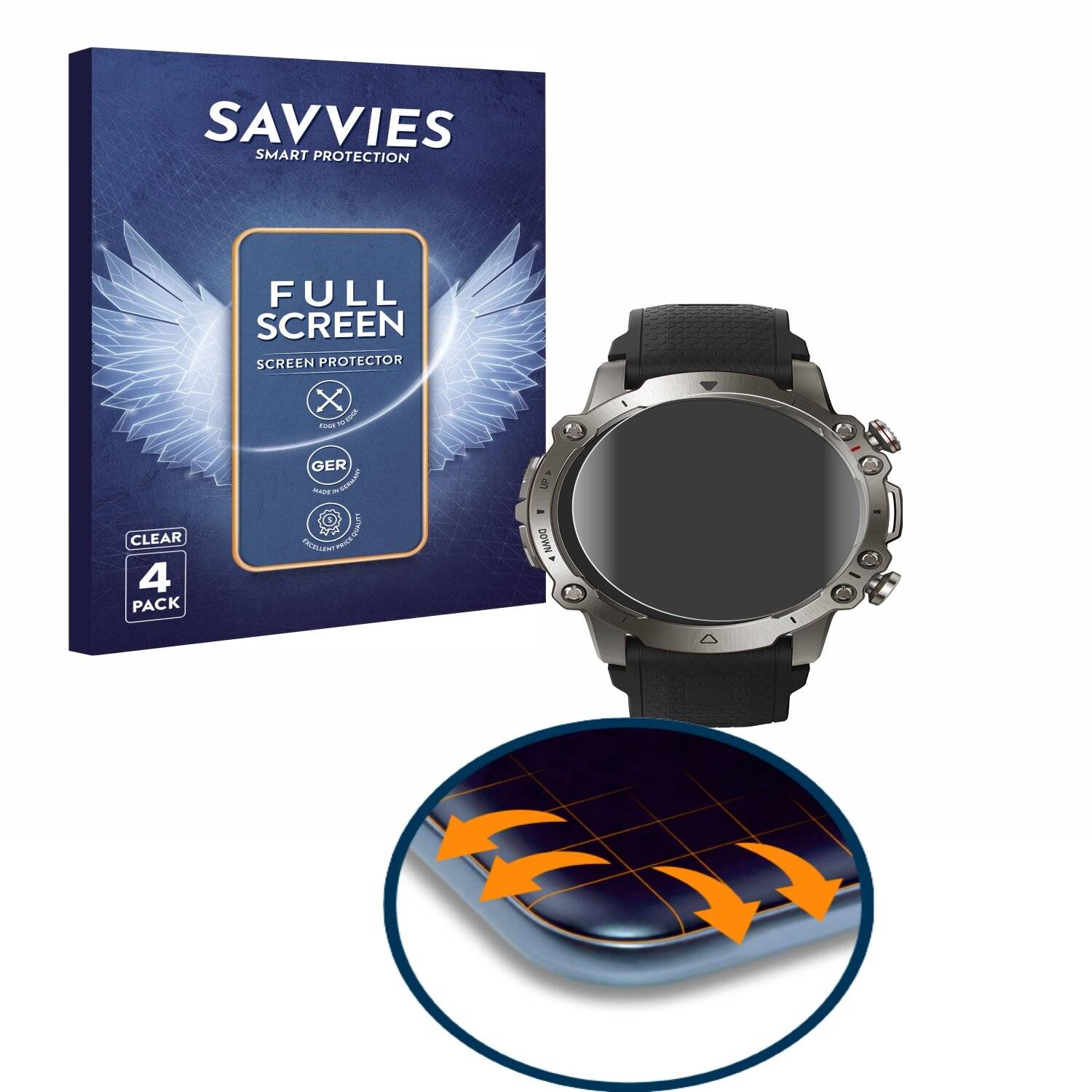 4x Savvies Full-Screen Folie für Huami Amazfit Falcon (4x Kreisrunde Displays (Durchmesser: