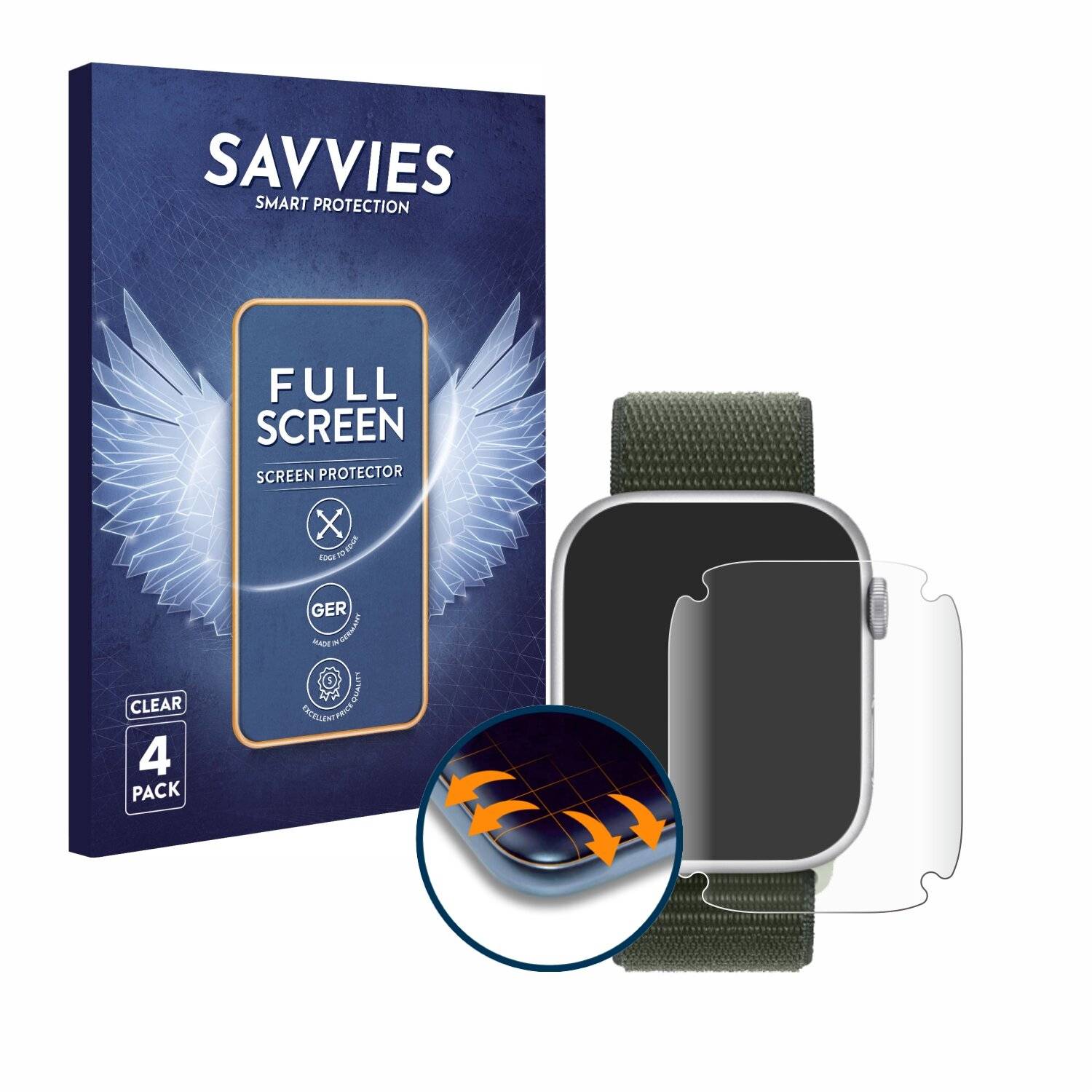 4x Savvies Full-Screen Folie für Apple Watch Series 9 (45